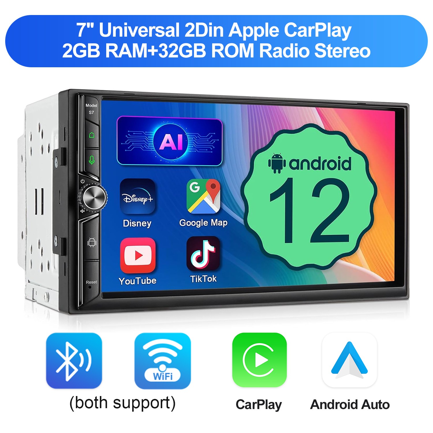7” Universal 2Din Apple CarPlay 2+32GB Radio Stereo Touchscreen SWC GPS Navi BT