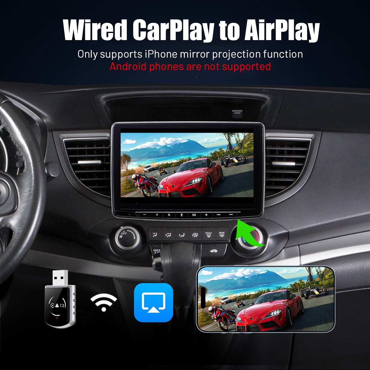 New Wireless CarPlay Android Auto Adapter USB Type-C Plug & Play Convert Wired