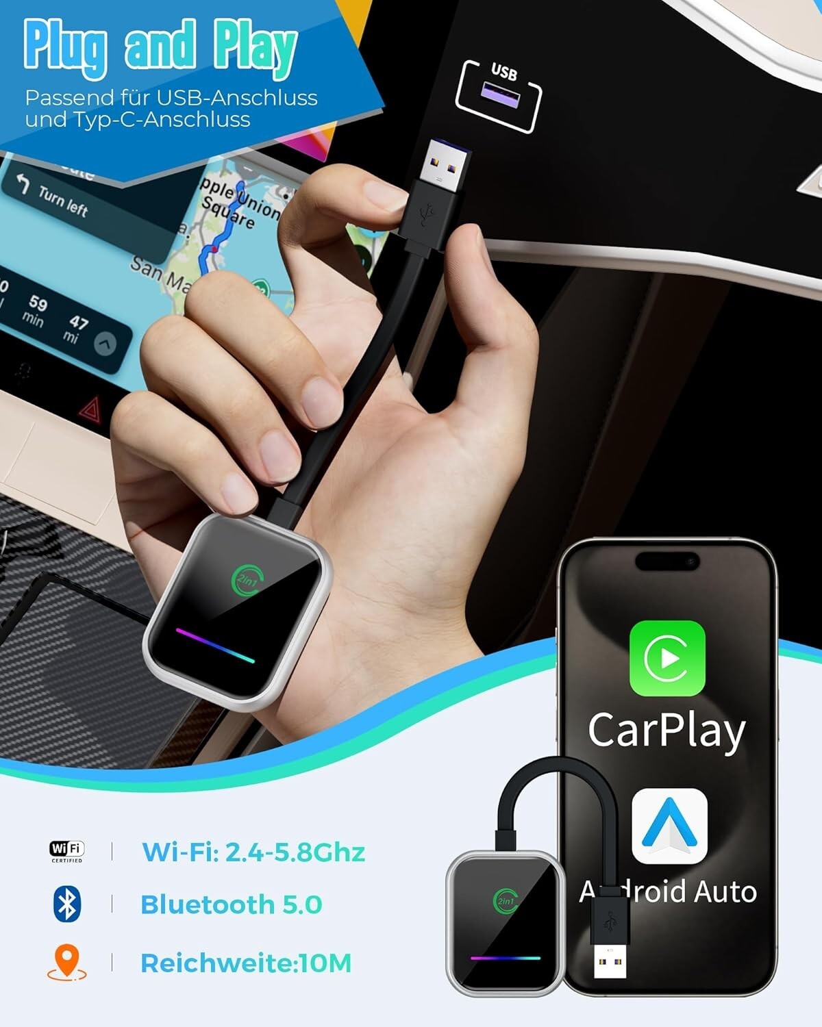 CarPlay Wireless Adapter Dongle Plug and Play Wired Cars for iOS Android B1028
