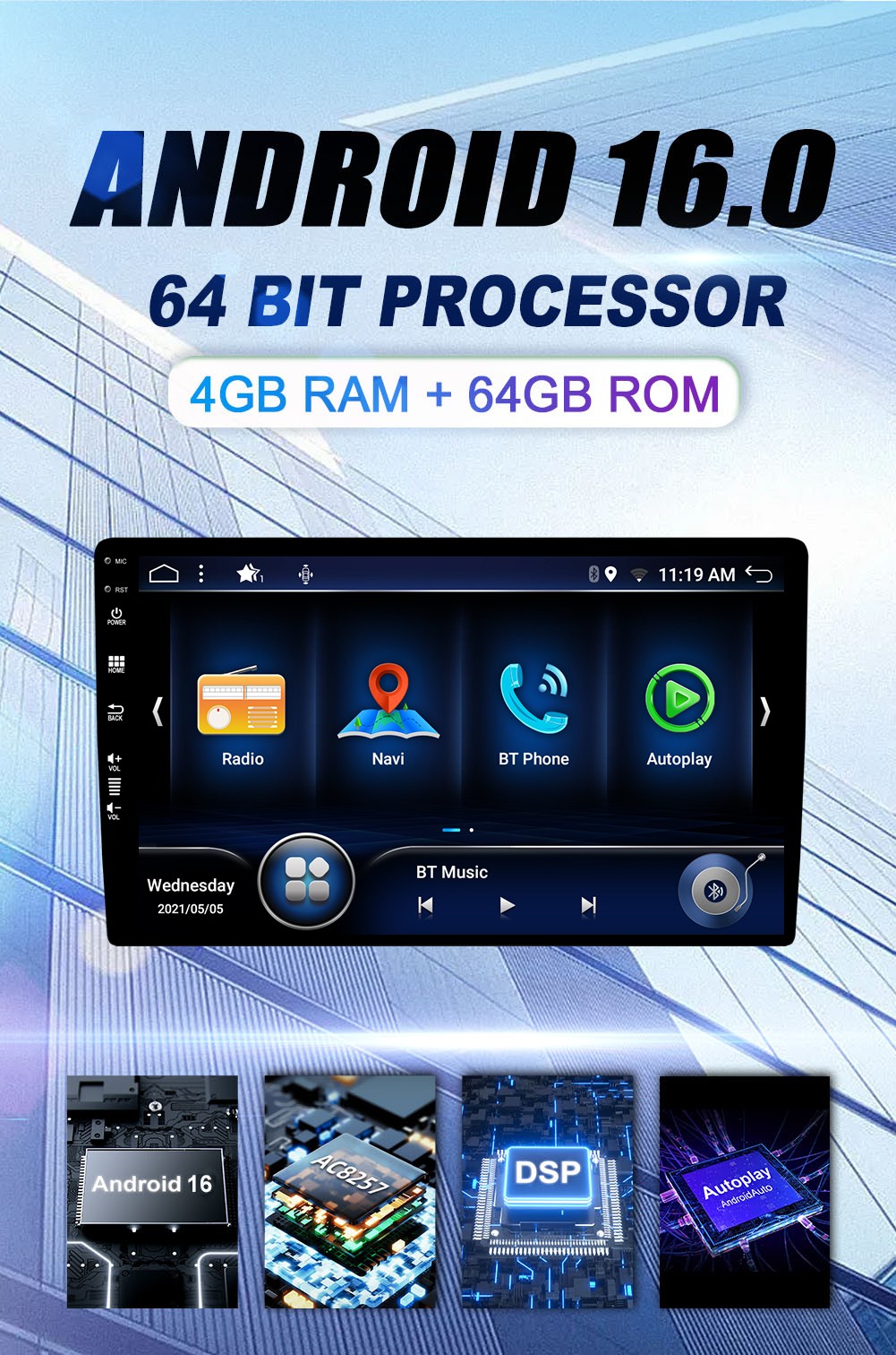 9″ Android 14 Head Unit Car Radio Stereo In dash Car Play GPS 4GB+64GB 8Core DSP
