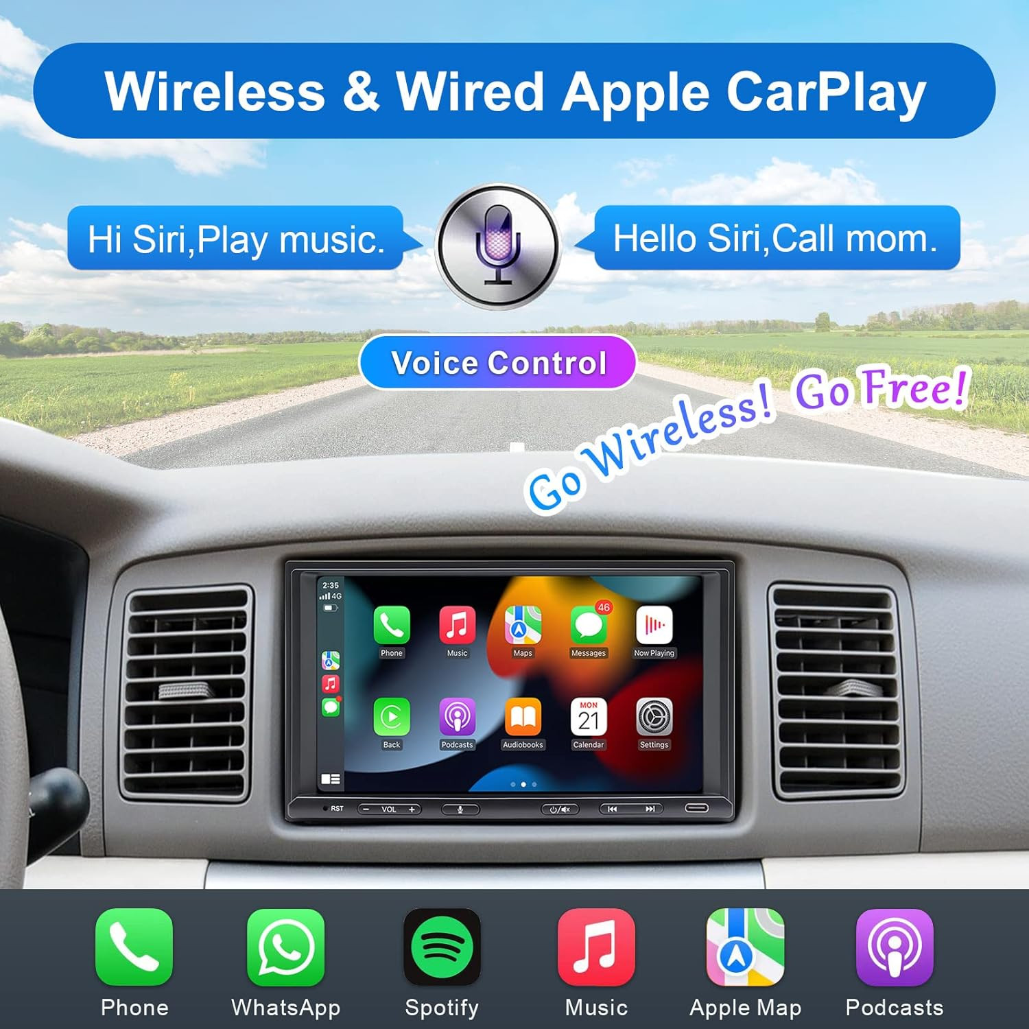7” Universal 2Din Apple CarPlay AM/FM Radio Stereo GPS Navigator SWC BT +Camera