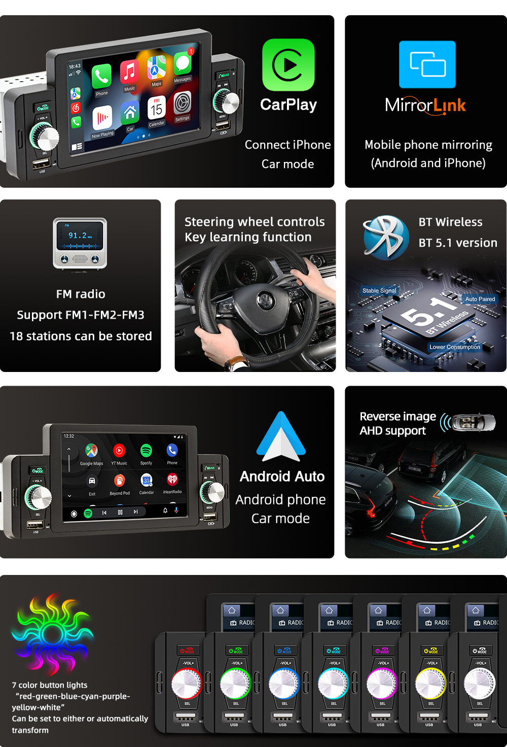 Stereo Car Radio Bluetooth 5in MP5 Carplay Player For Android Auto In Head Units