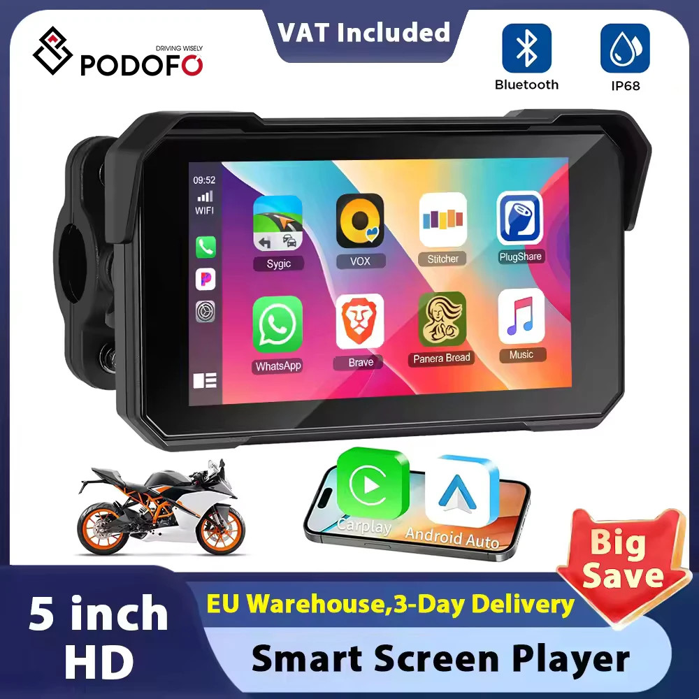 Podofo 5 ” IPS Screen Wireless Carplay Monitor for Motorcycle GPS Navigation…