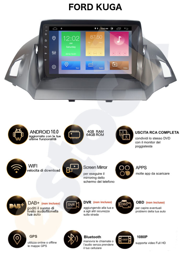 “CAR TABLET BLACK FOR FORD KUGA CAR RADIO ANDROID 10 4G MEMORY + 64G ROM WI-FI GPS 7”