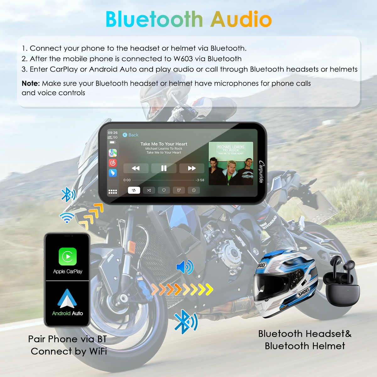 Carpuride W603 Wireless Portable Motor Stereos Carplay Android Auto BT Audio GPS