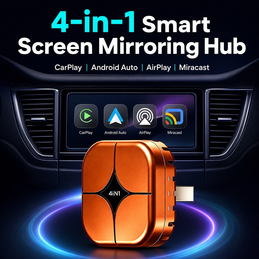 4-in-1 Screen Mirroring Wireless CarPlay Adapter Android Auto AirPlay USB Dongle