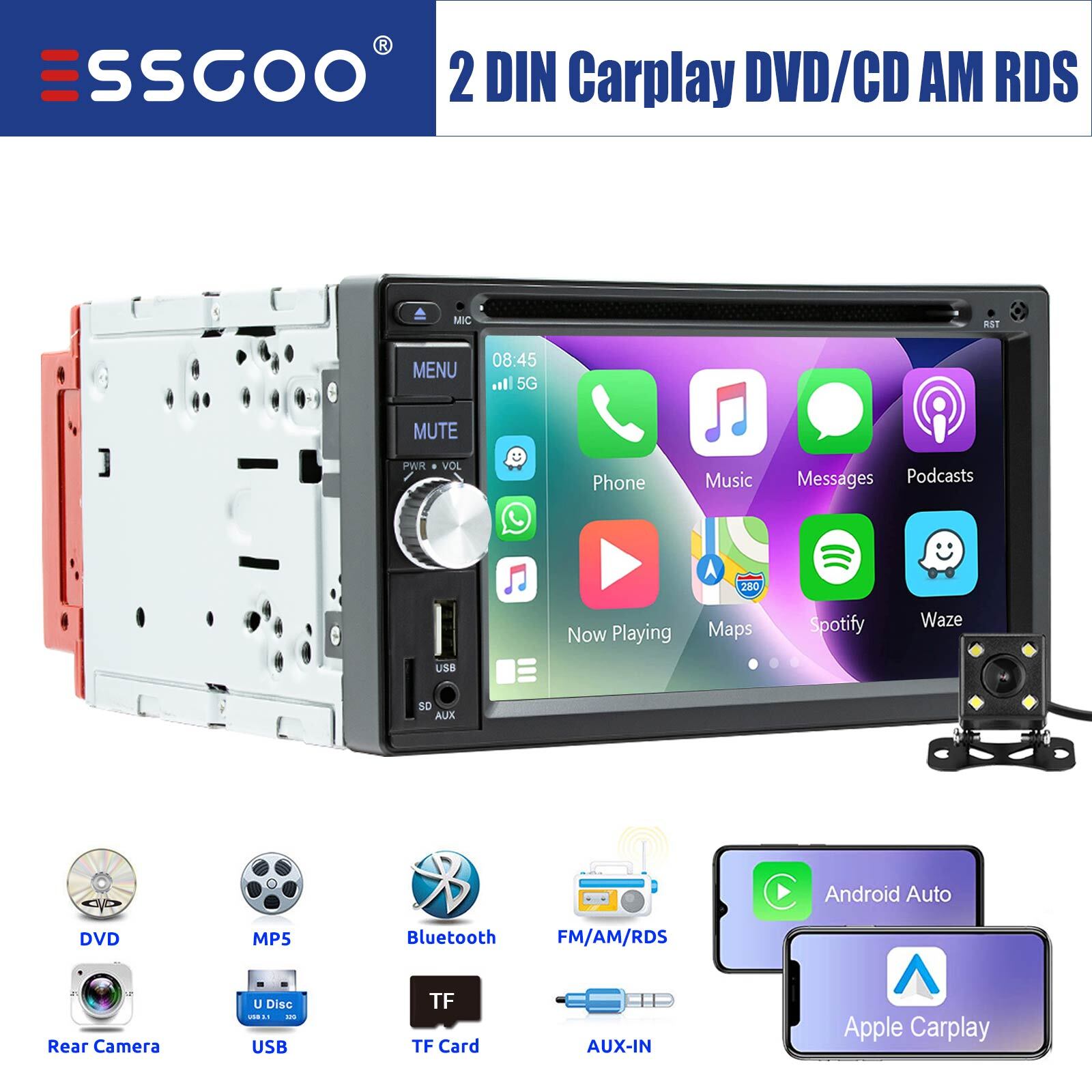 Double 2 DIN Carplay Stereo 6.2″ CD DVD Player FM AM Radio USB AUX-in TF Camera