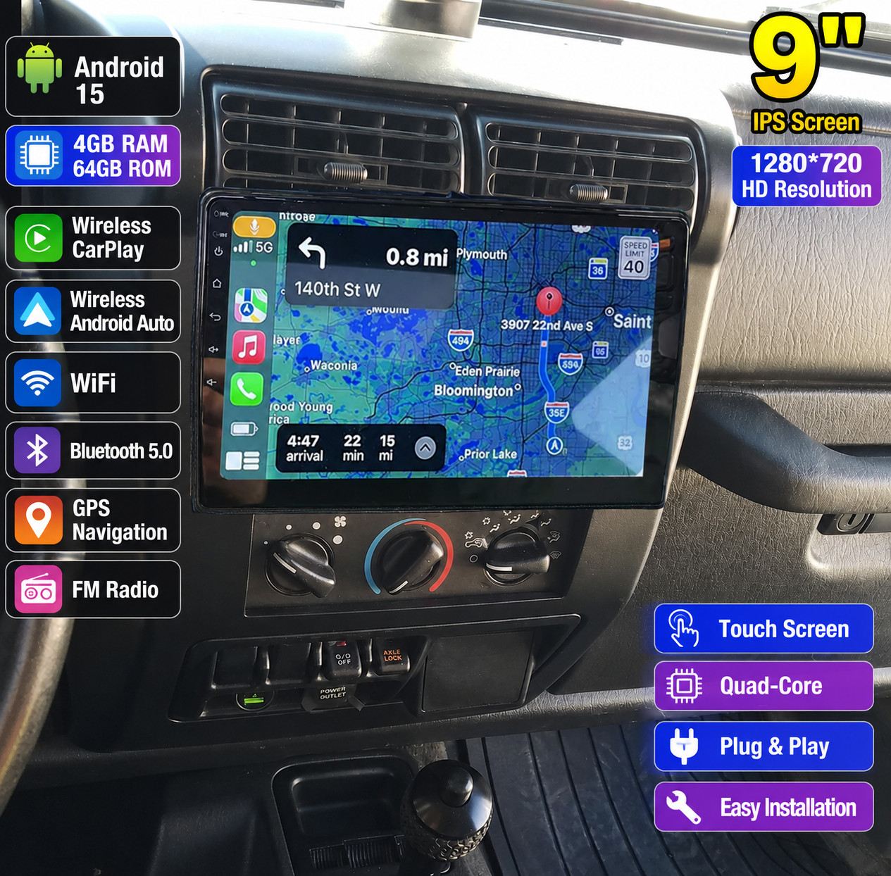 Car Stereo Radio for 2003-2006 Jeep Wrangler Android 15 GPS Bluetooth 9 Inch