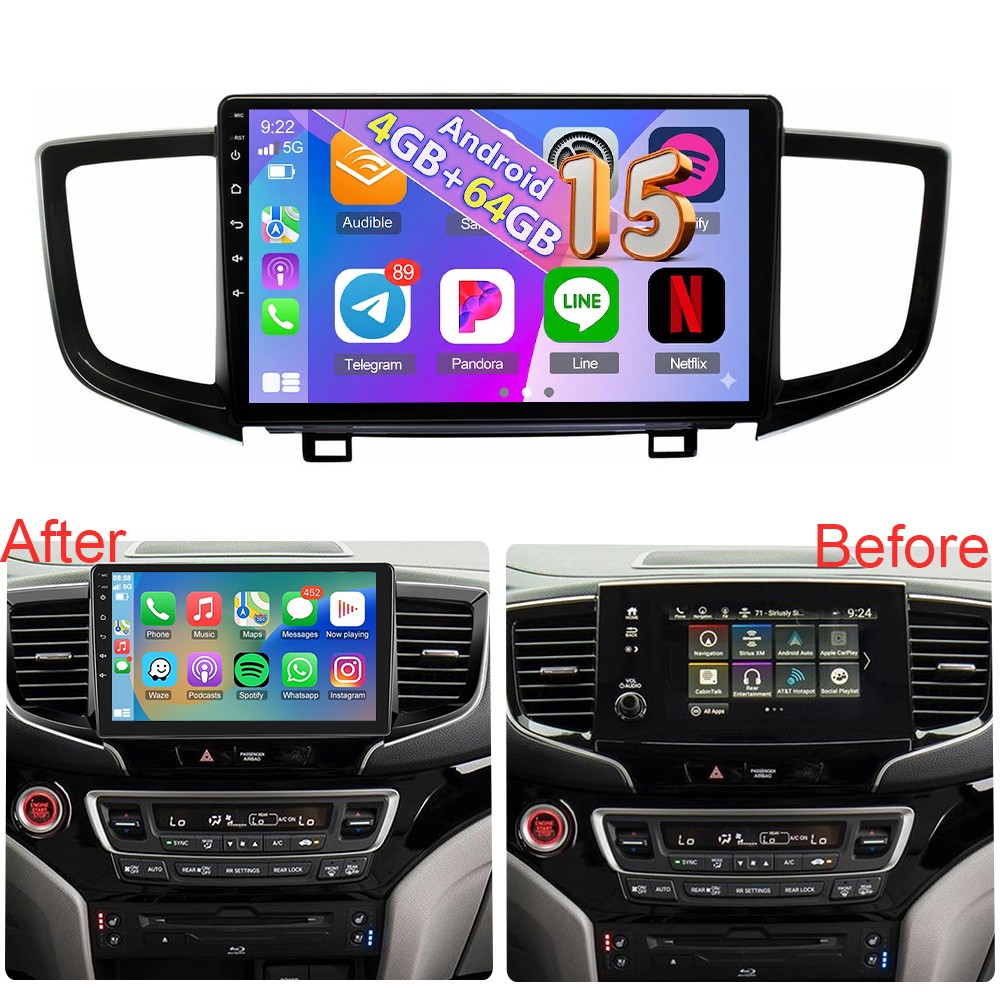 For HONDA Pilot 2016-2022 Car Stereo Radio Apple Carplay Android 15 4+64GB