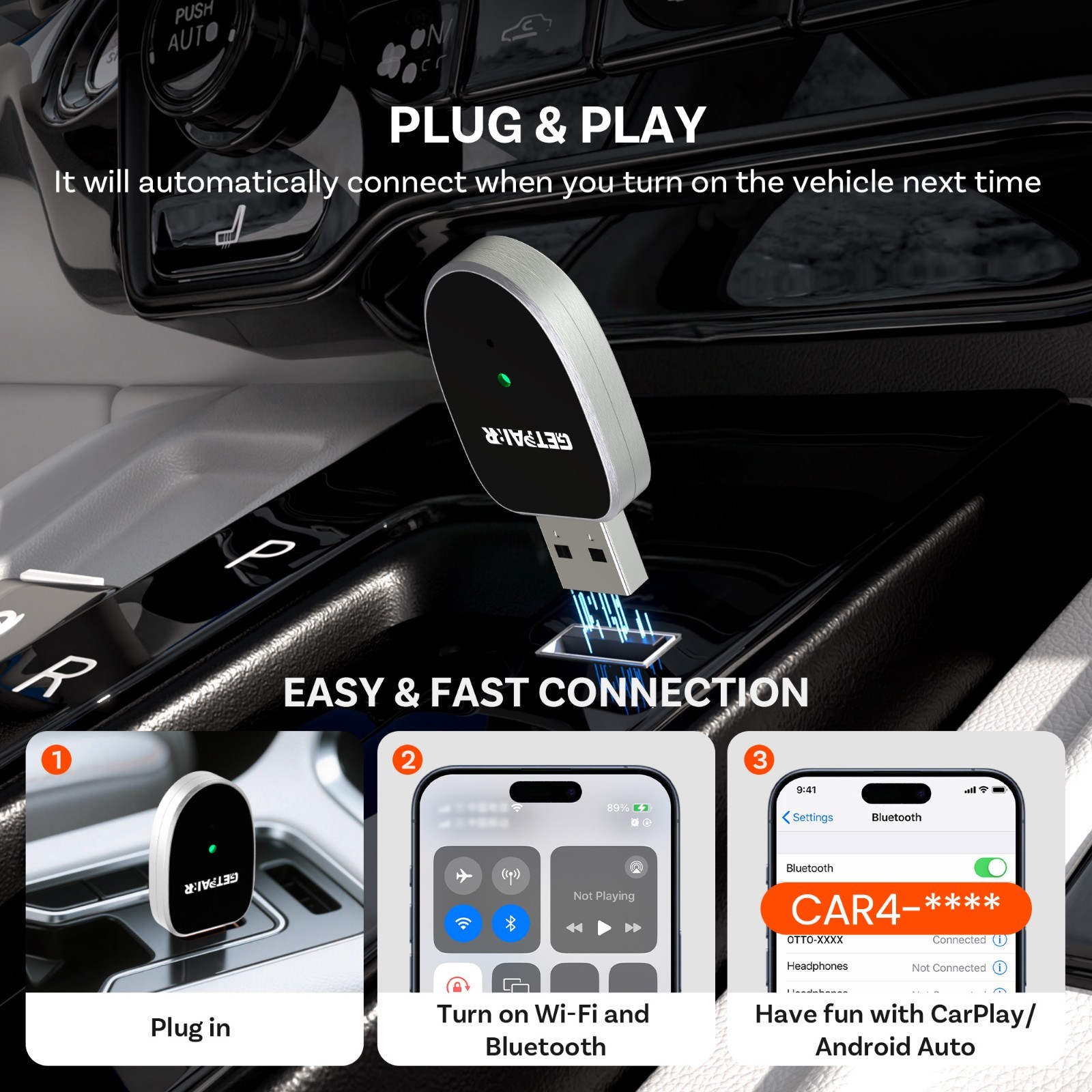 GetPairr Wireless CarPlay Android Auto Dongle Plug & Play 5GHz WiFi OTA