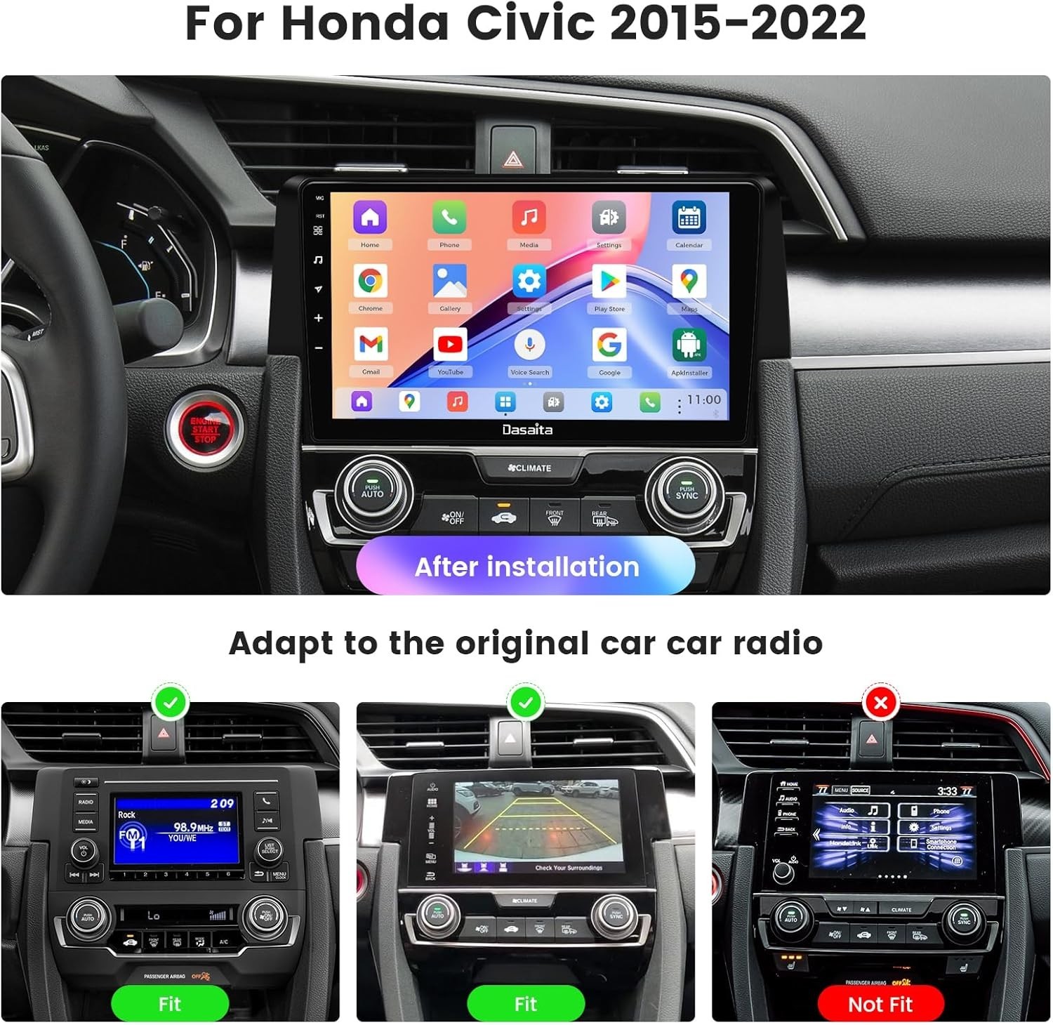 Dasaita 9″ Car Stereo for Honda Civic 2015-2022 with Carplay Android Auto 4+64G