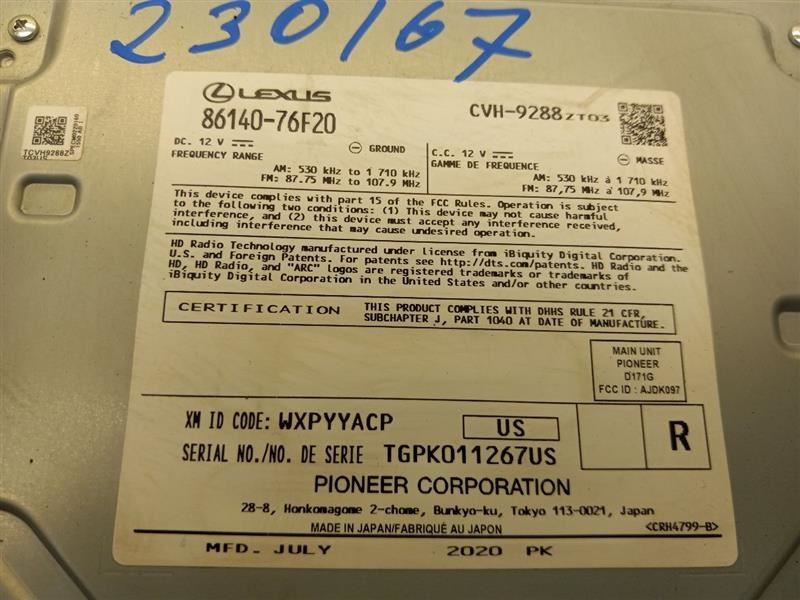 19 20 21 22 Lexus UX250H Radio Receiver ID 86140-76F200