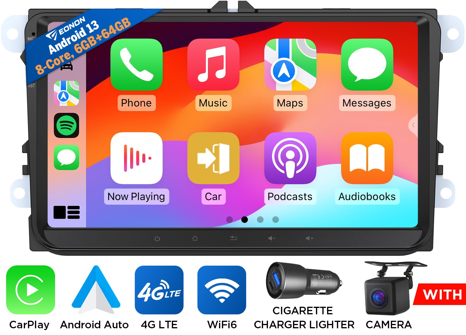 6+64GB Android Auto 13 9″ QLED Car Radio Stereo GPS Navi CarPlay WiFi DSP for VW