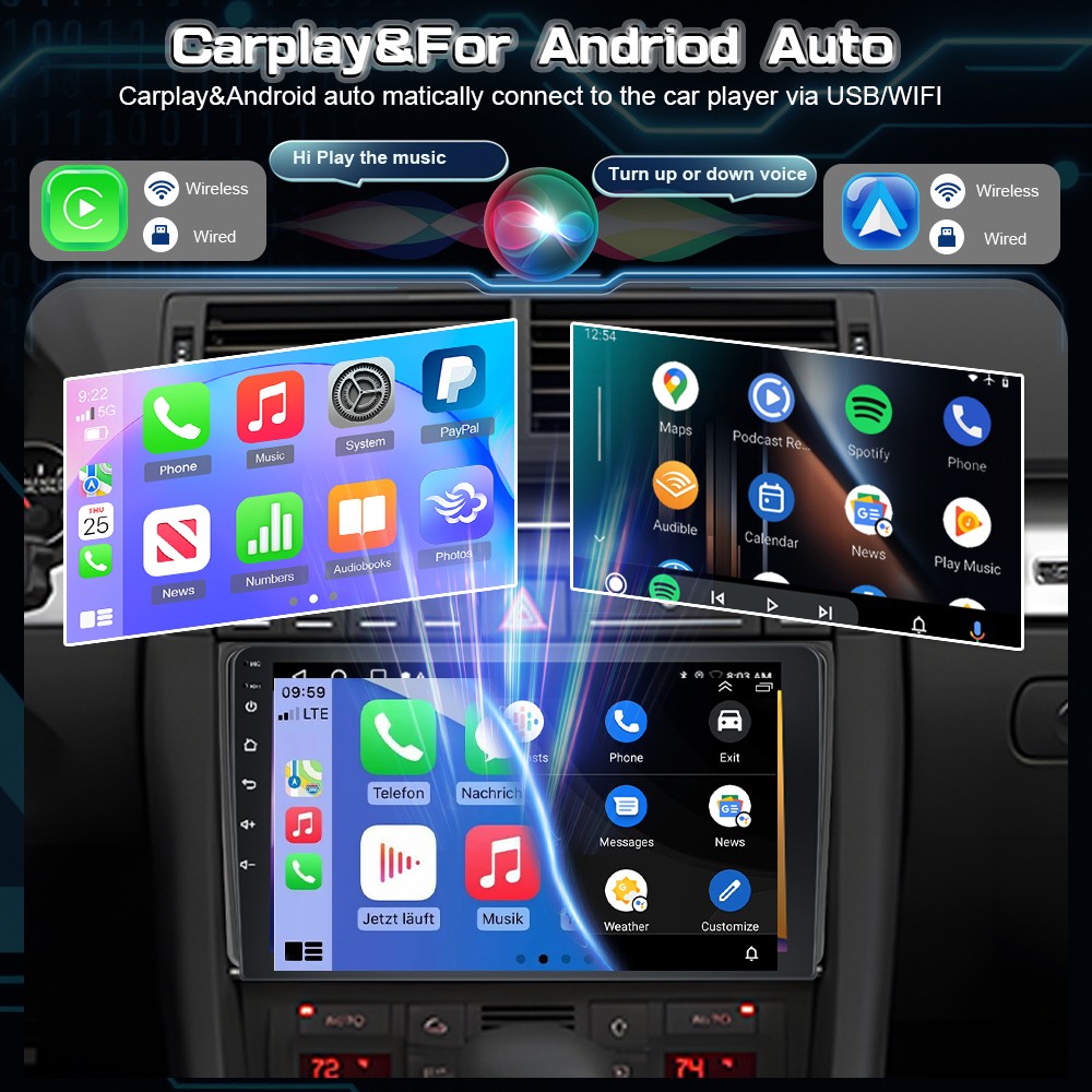 9″ Android 15 Apple Carplay Car Stereo Radio GPS Wifi Navi For Audi A4 2002-2008
