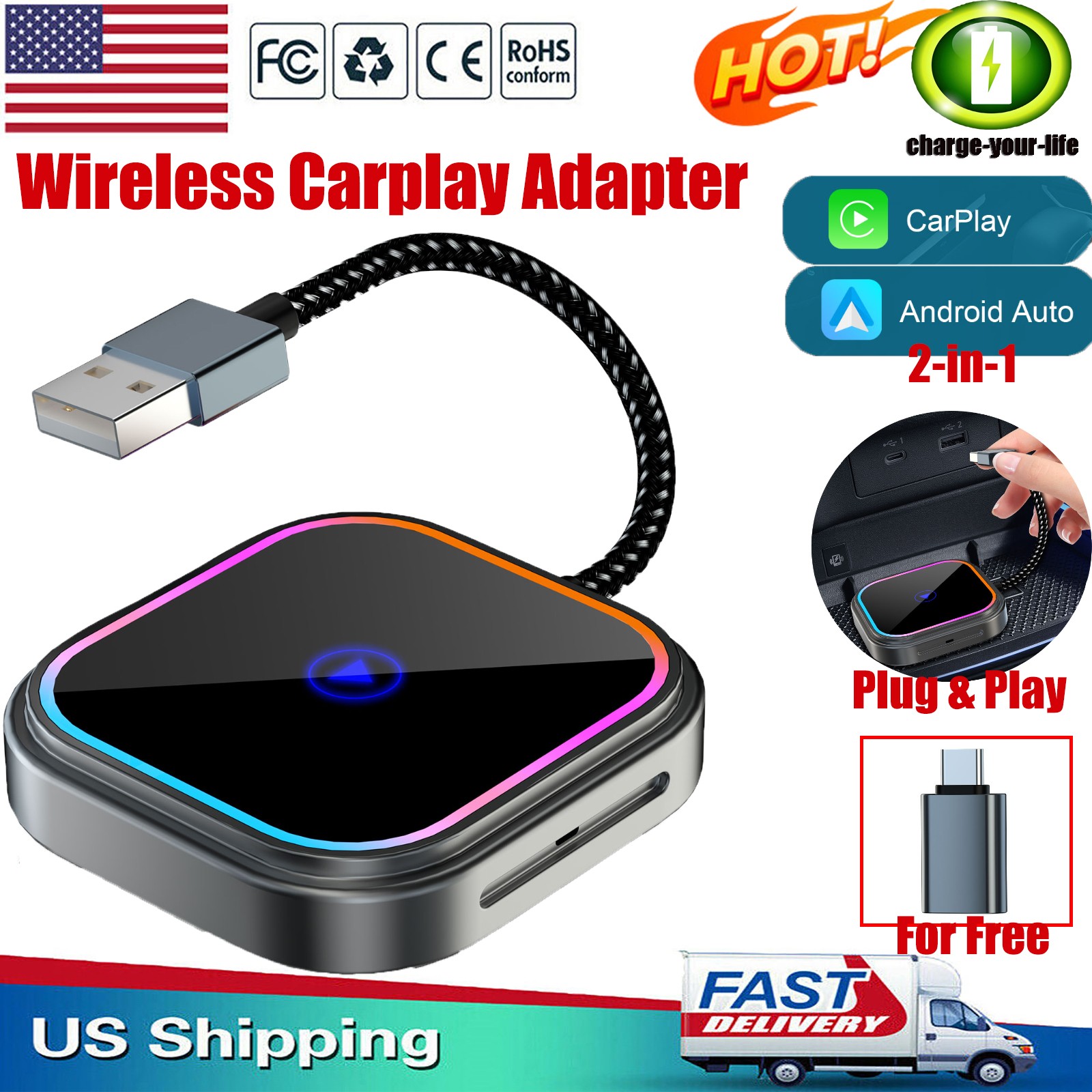 ✅2in 1 Wireless Apple CarPlay/Android Auto Adapter Dongle USB/Type C Plug & Play