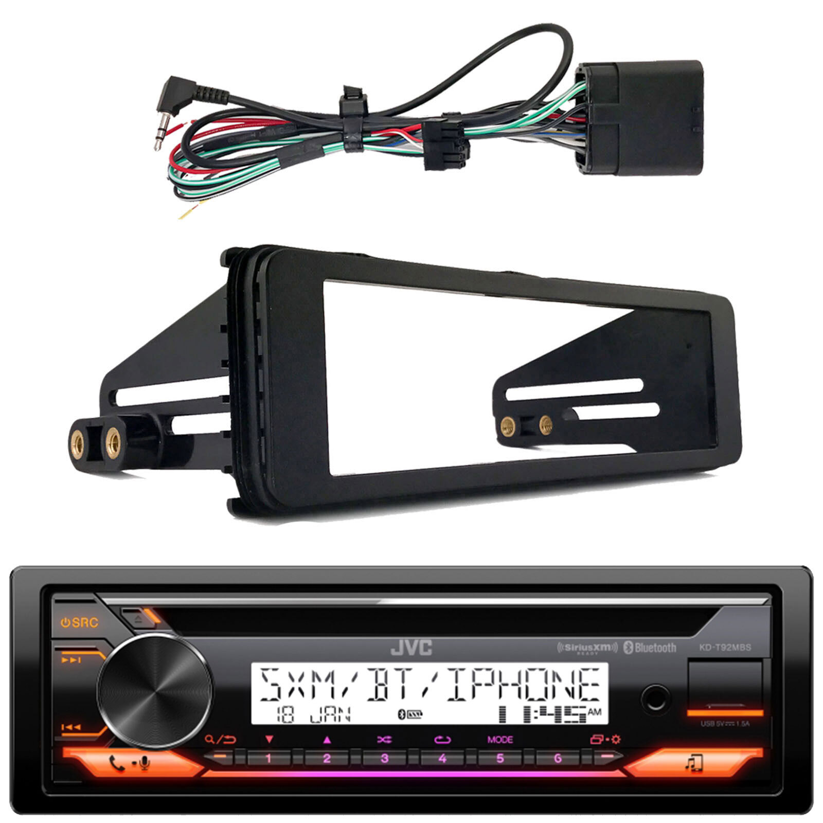 JVC Bluetooth USB AUX CD Receiver, Harley 98-2013 FLHTC FLHX Install Adapter Kit