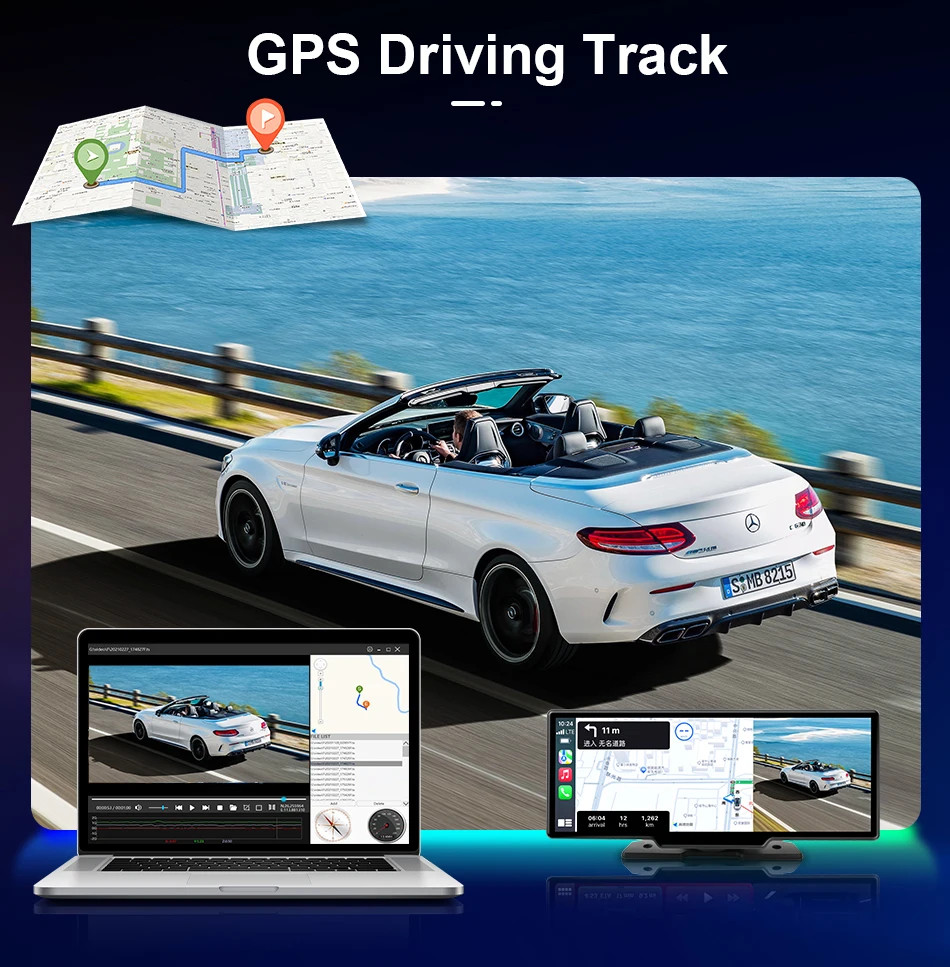 Jansite New 10.26” 4K Dashcam Wireless CarPlay Rearview Dual Lens DVR WiFi GPS