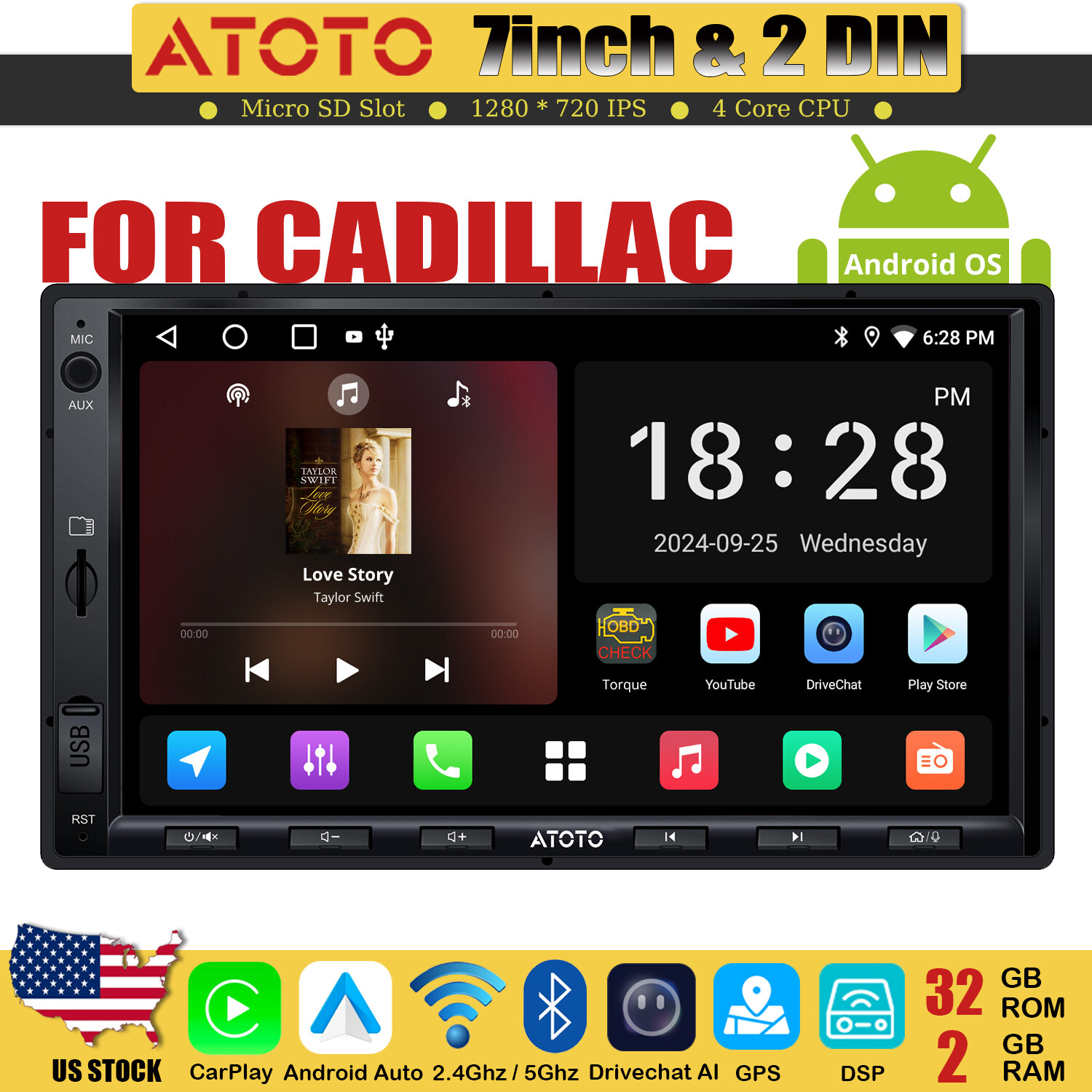 ATOTO A5L 7in 2 Din Android Car Stereo Radio Wireless Apple Carplay For CADILLAC