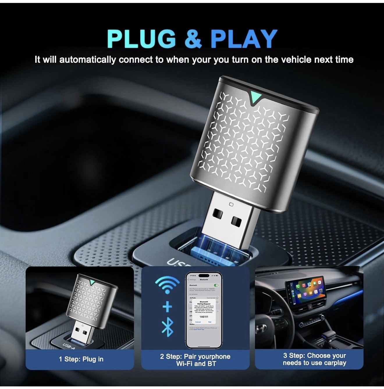 Wireless Carplay Adapter for iPhone, Bluetooth Car Play Dongle