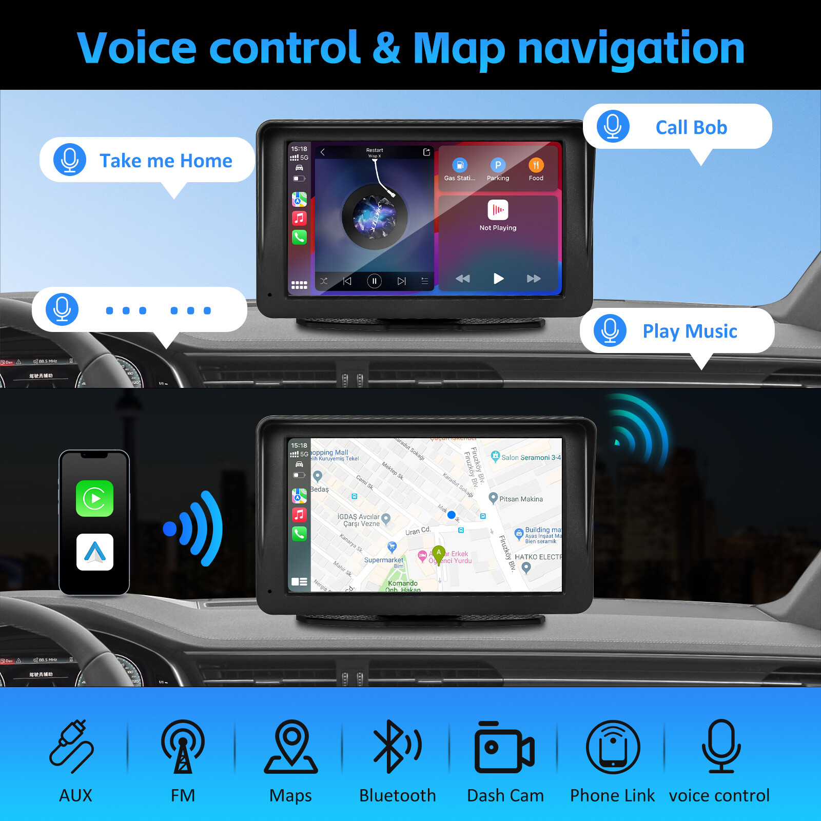 7 Inch Portable Car Radio Wireless Touch Screen Fit Apple Carplay & Android Auto