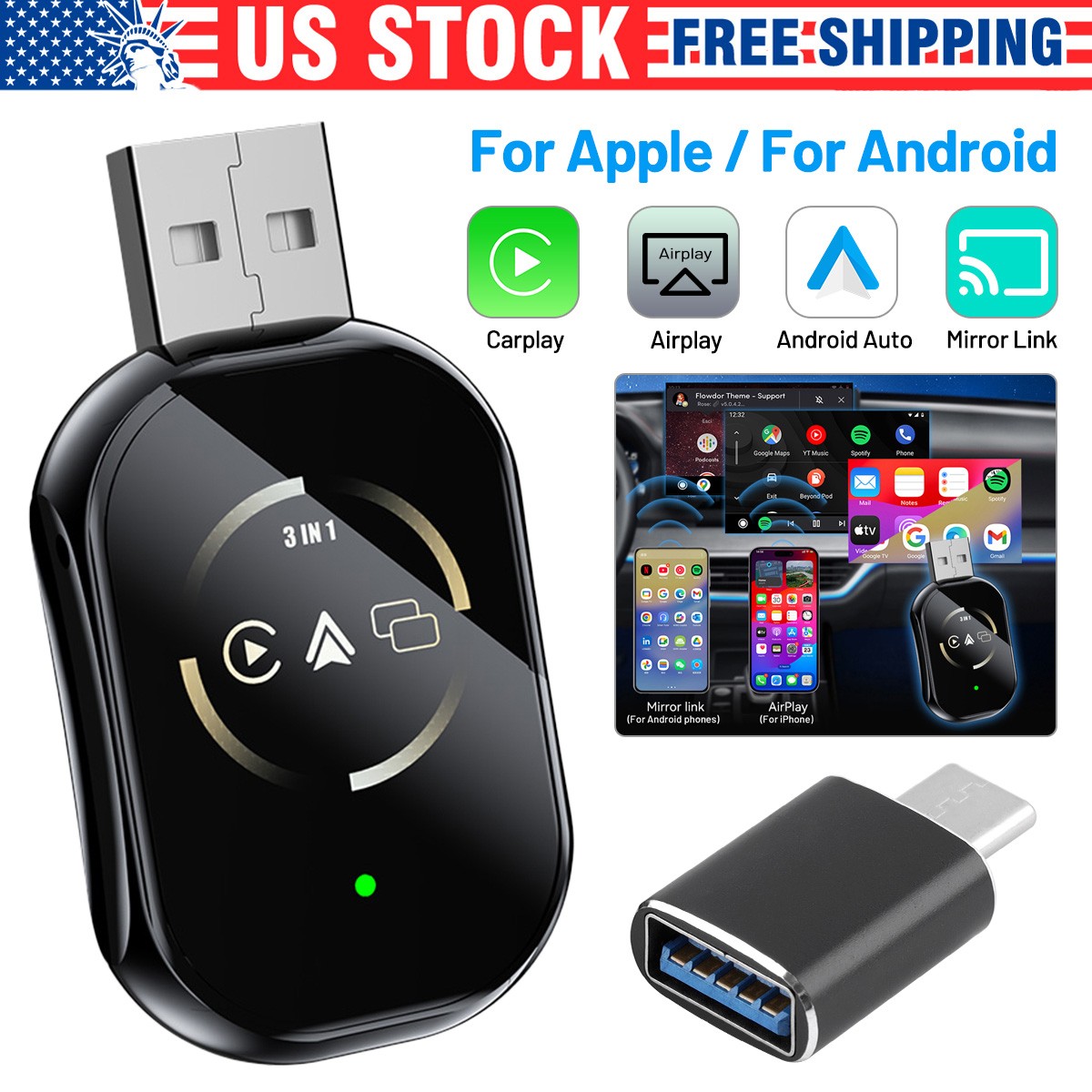 USB CarPlay Android IOS Auto Dongle Plug Play Convert Wired to Wireless Car New