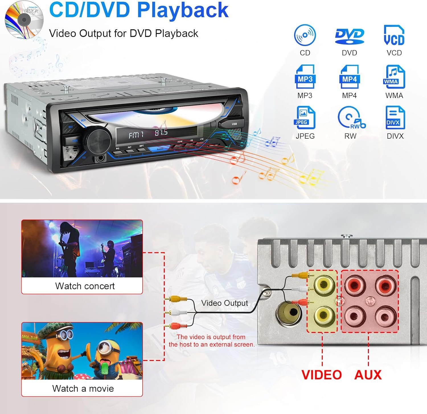 Single 1Din Bluetooth Car Stereo with CD DVD Player AM/FM Radio SD Card Playback