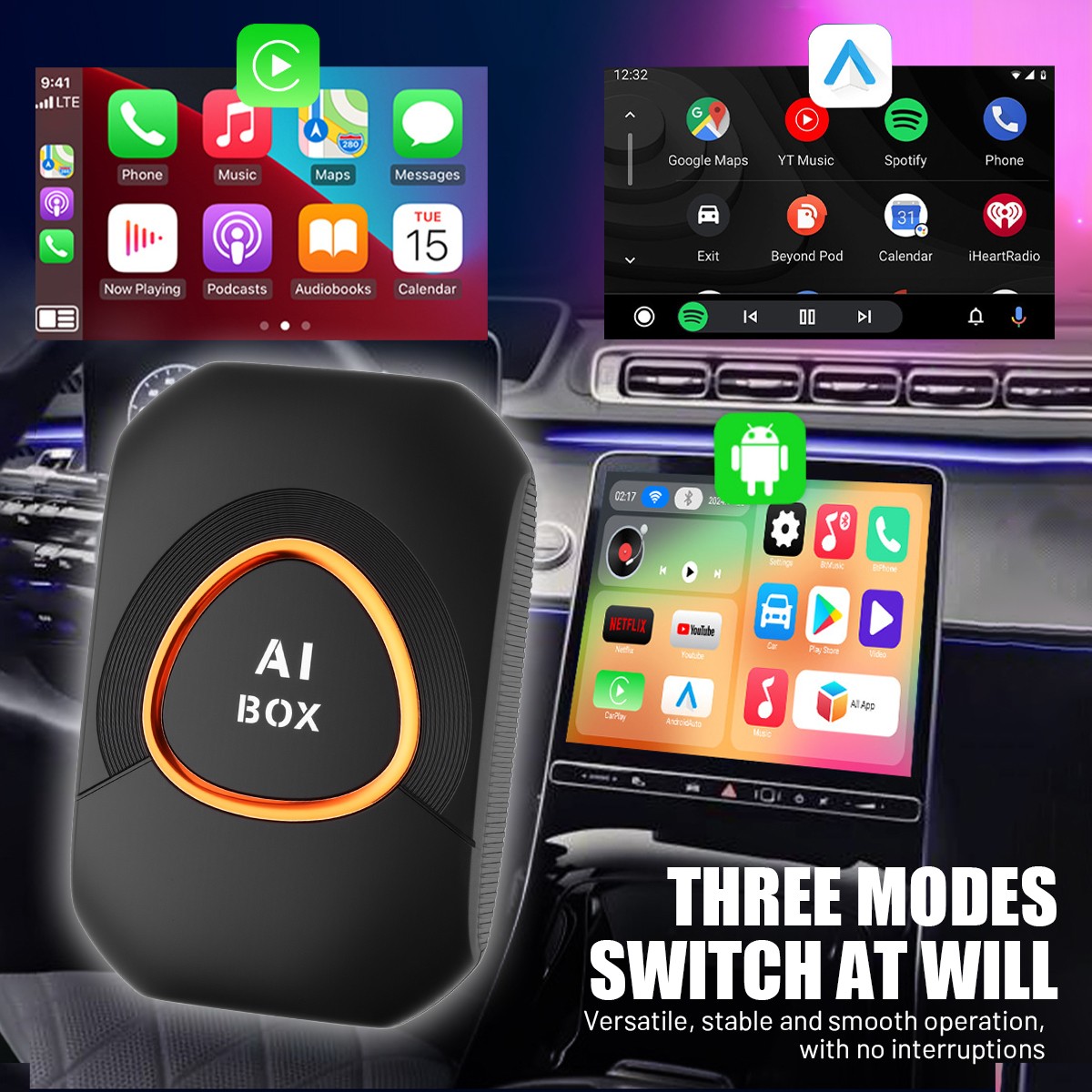 4 in 1 Wireless CarPlay & Android Auto AI Box For Netflix YouTube Airplay