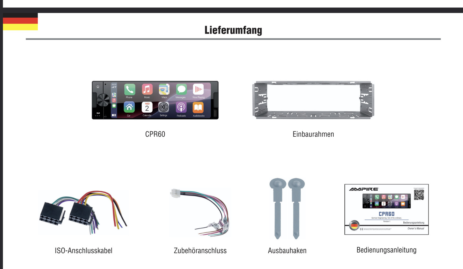 AMPIRE CPR60 Smartphone 1-DIN Car Stereo Touch Display DAB+ AHD Camera Inputs