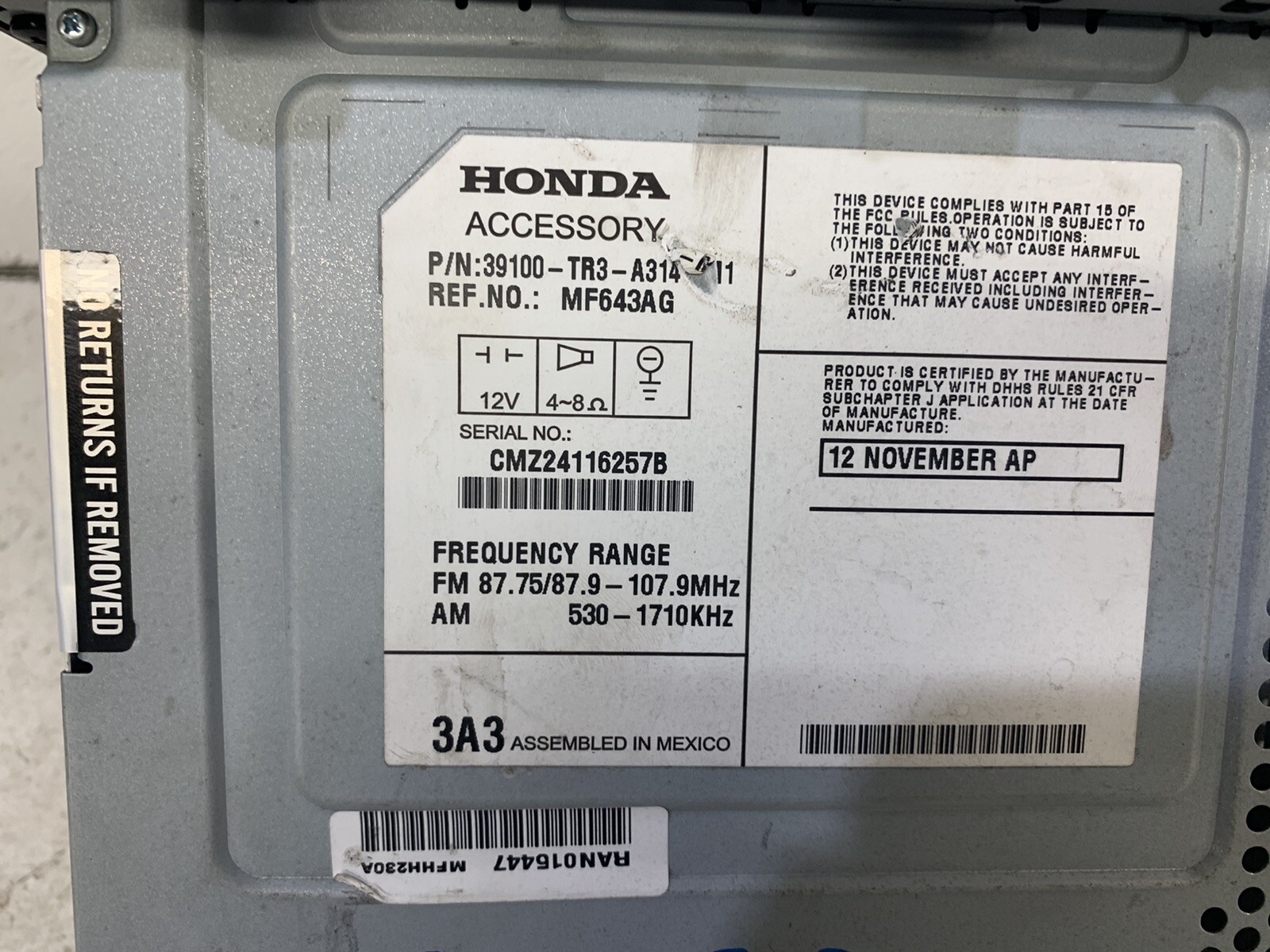 2013-2015 Honda Civic 4DR SED LX HF Radio Stereo NON-NAV ID: 2XC3 HVAC Player Oe