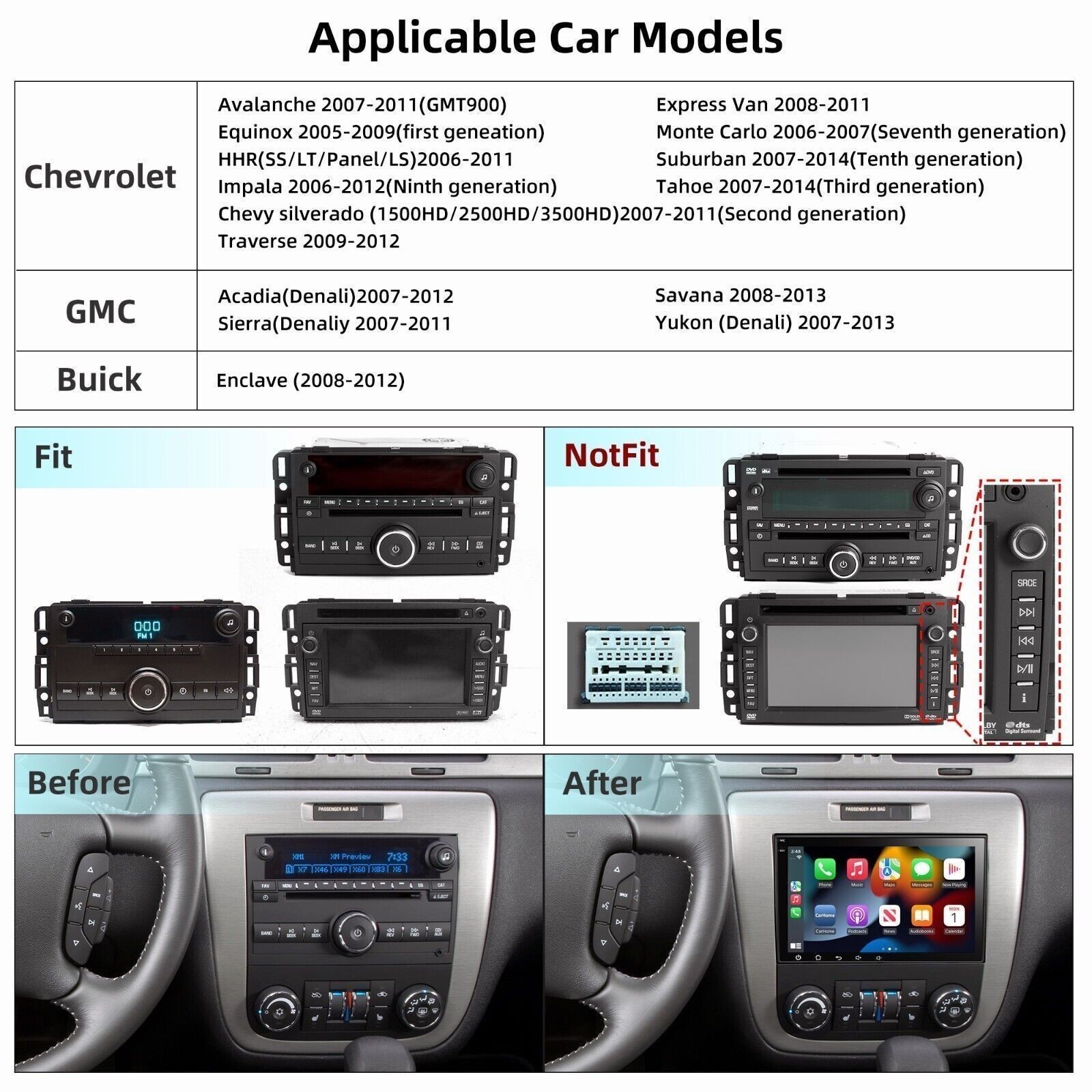 Car Radio Stereo Carplay For 2009-2012 Silverado GMC 4+64G 8in WiFi Mirror Link