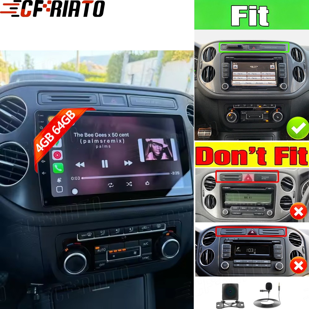 For VW Tiguan 2009-2017 Car Stereo 4+64GB CarPlay Android 15 Radio GPS Navi Cam