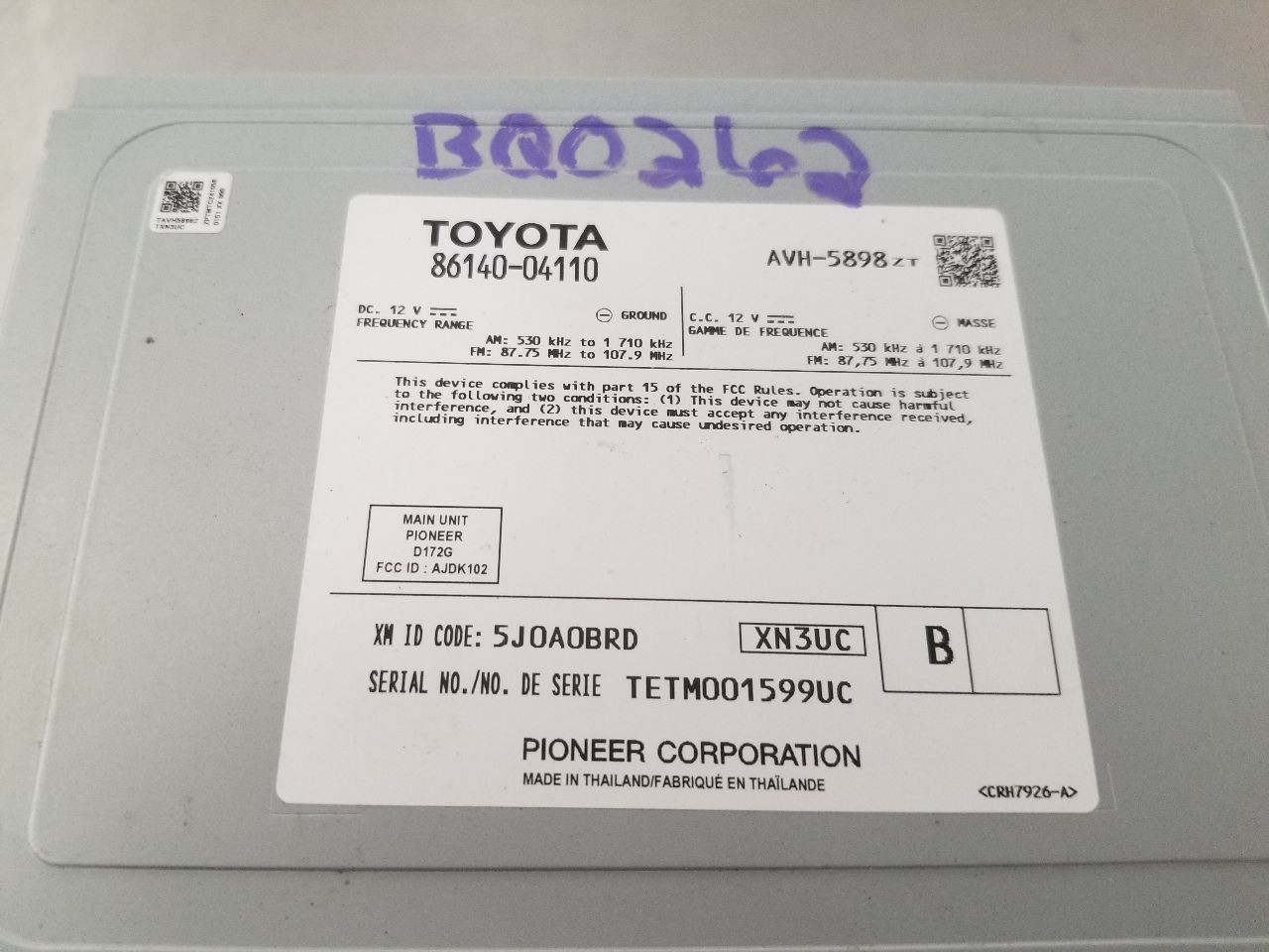20 TOYOTA TACOMA SR 2WD 4X2 2.7L RADIO AUDIO DISPLAY AND RECEIVER 8614004110 OEM