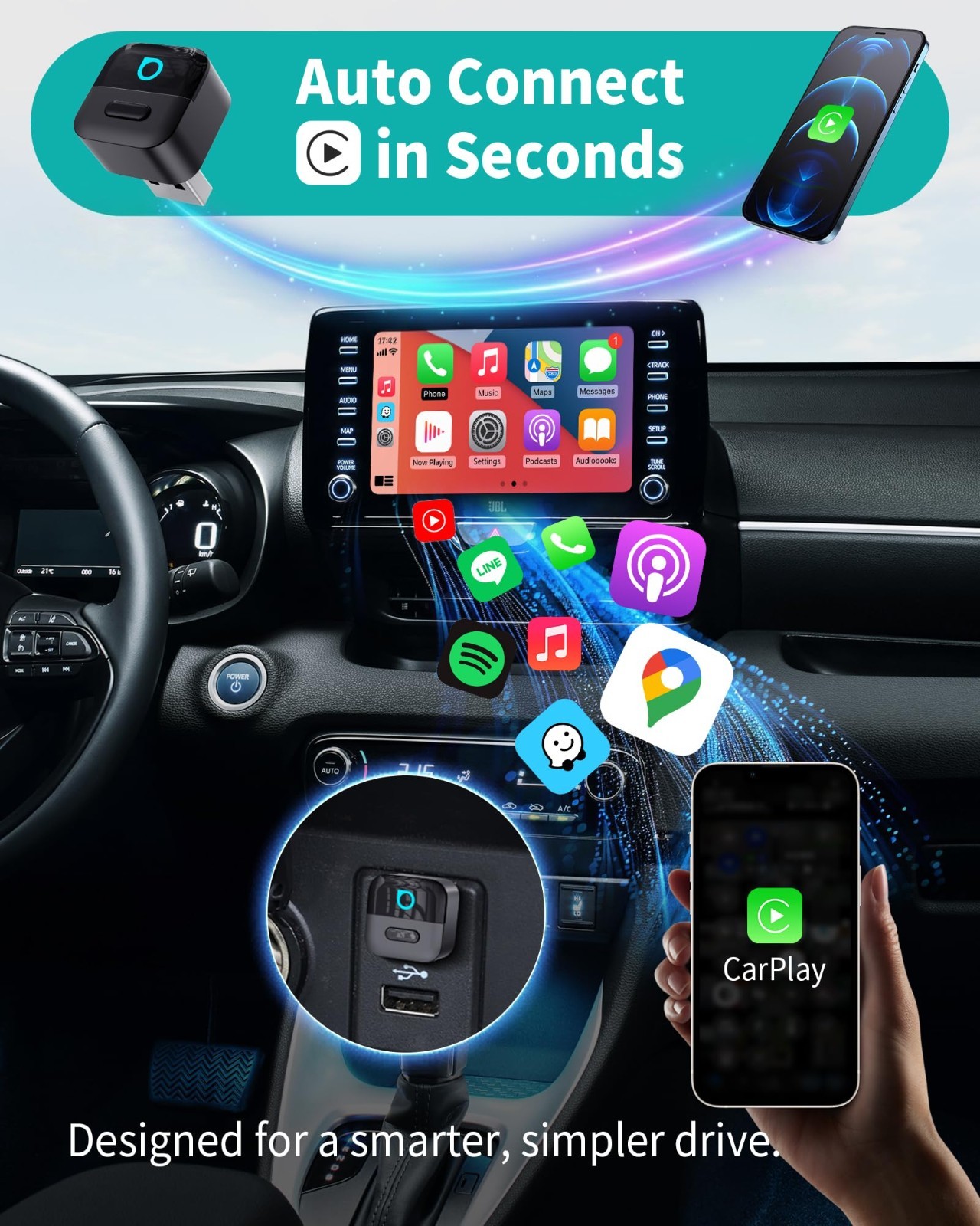 Ottocast Mini Pico Wireless USB Carplay Adapter Dongle Android Auto 5G WIFI AUTO