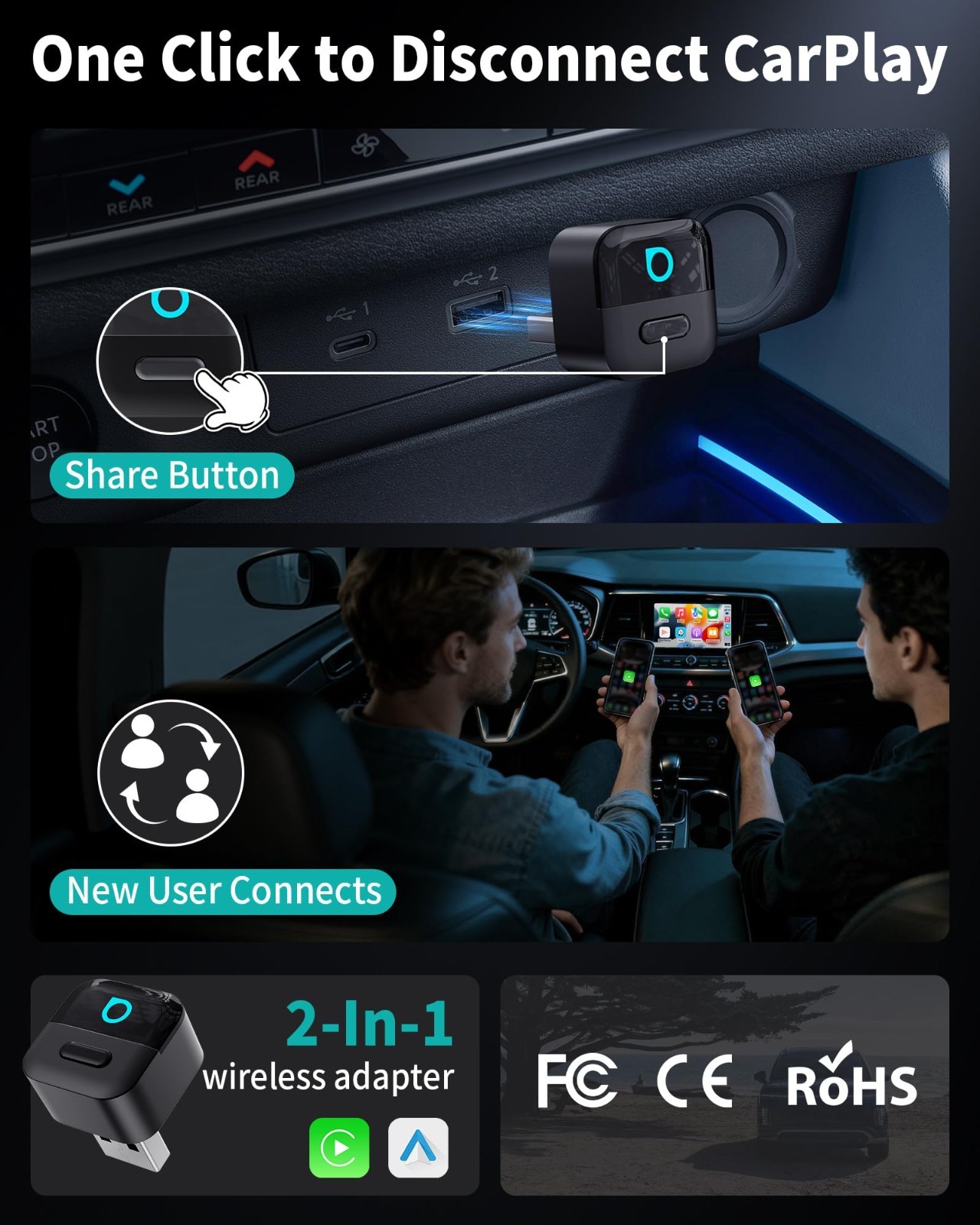 Ottocast Mini Pico Wireless USB Carplay Adapter Dongle Android Auto 5G WIFI AUTO