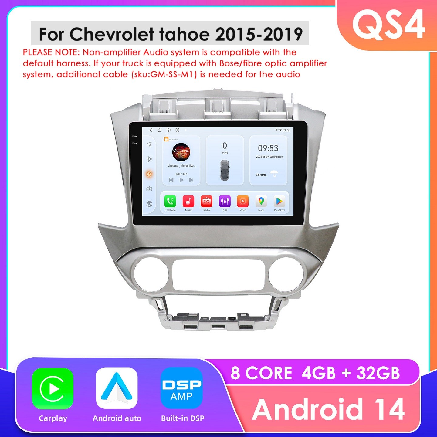 Car Stereo Radio 8Core For GMC Chevrolet Tahoe 15-19 Carplay Android 14 WiFi GPS