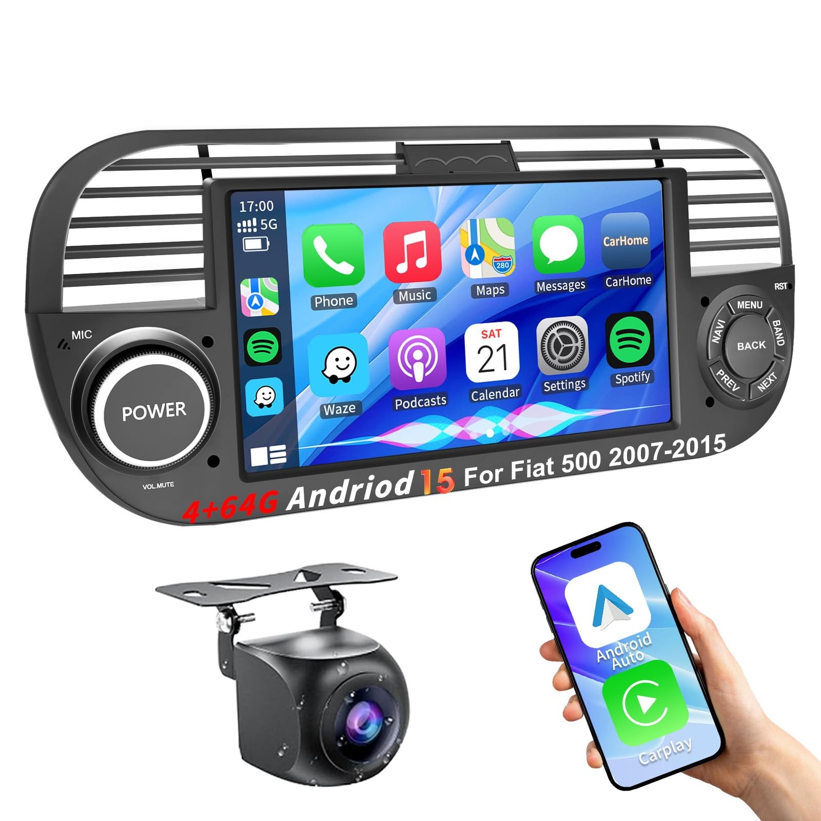 Fiat 500 2007-2015 Android 15 Car Stereo 7in CarPlay Android Auto GPS Camera