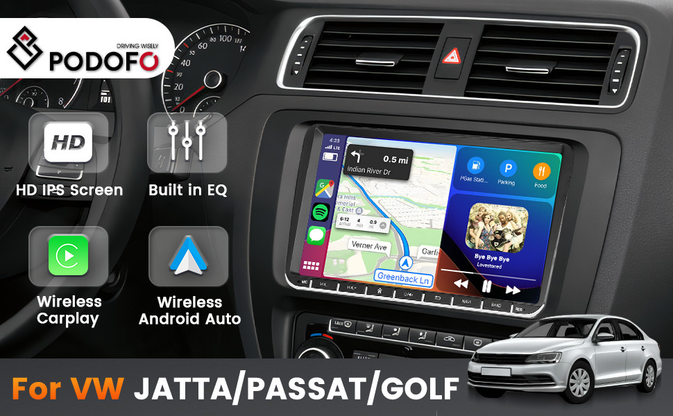 Podofo 2G+64G Car Stereo with Wireless Carplay Android Auto, 9″ Touch Screen