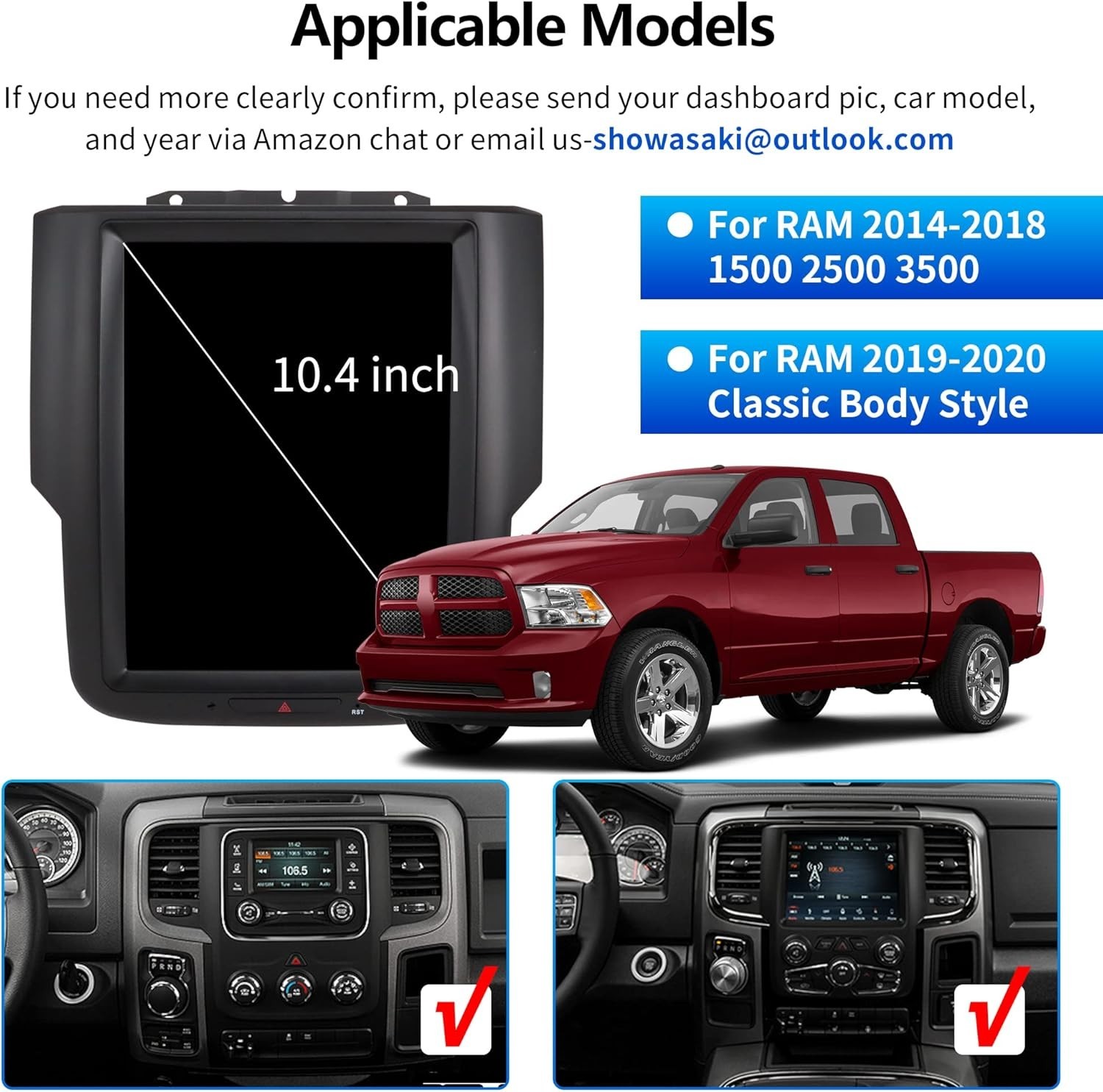 Car Radio for Dodge RAM 2014-2018 Trucks 1500 2500 3500 4+64G. 10.4 Inch
