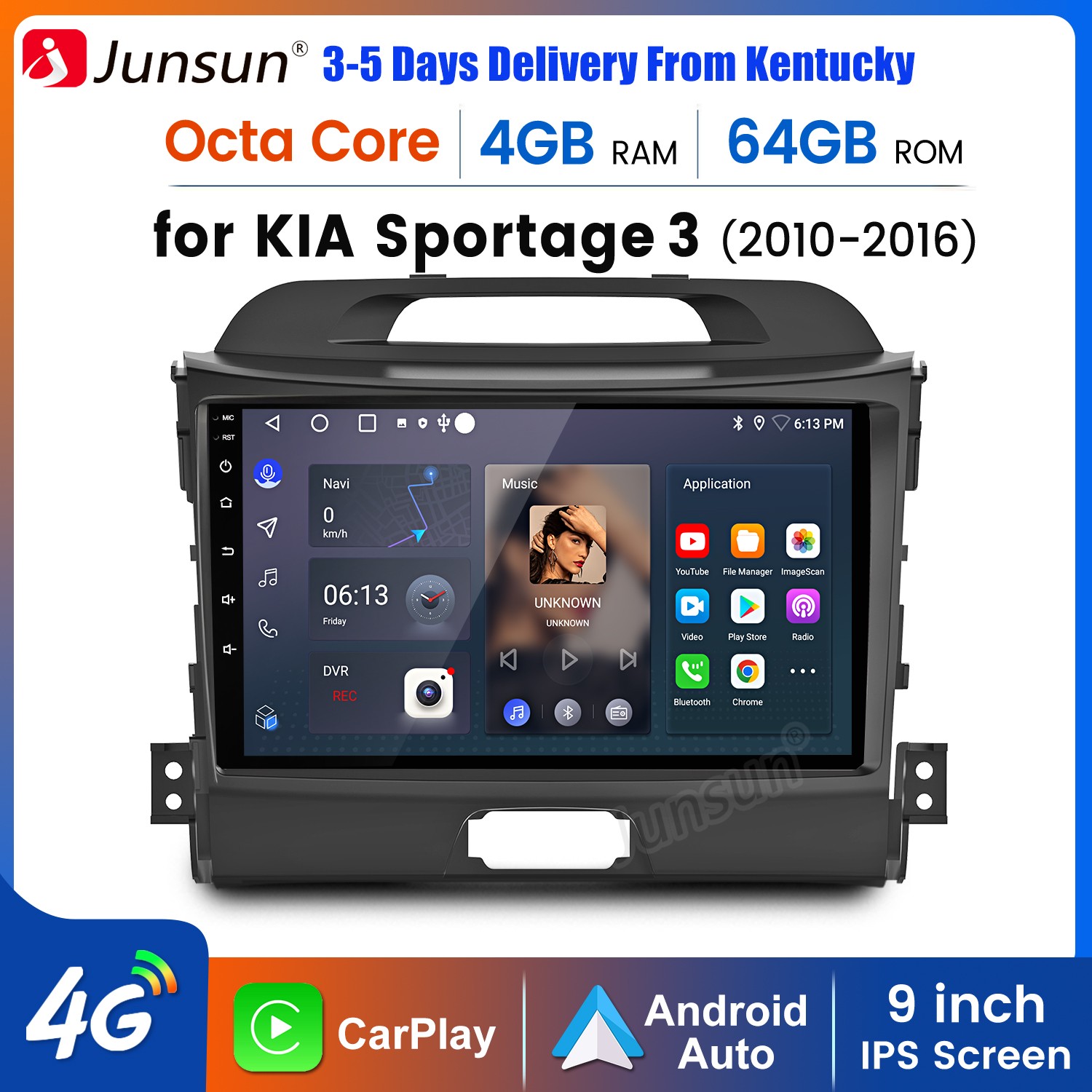 8Core 4+64G Android15 CarPlay For Kia Sportage 2010-2016 Car Stereo Radio GPS BT