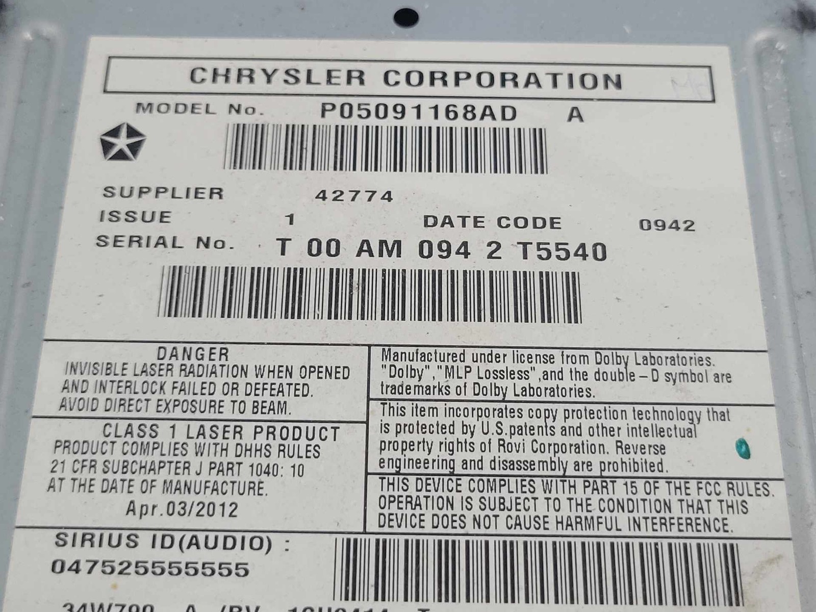 Audio & Visual Equip.(radio) CHRYSLER 200 11 12 13 14