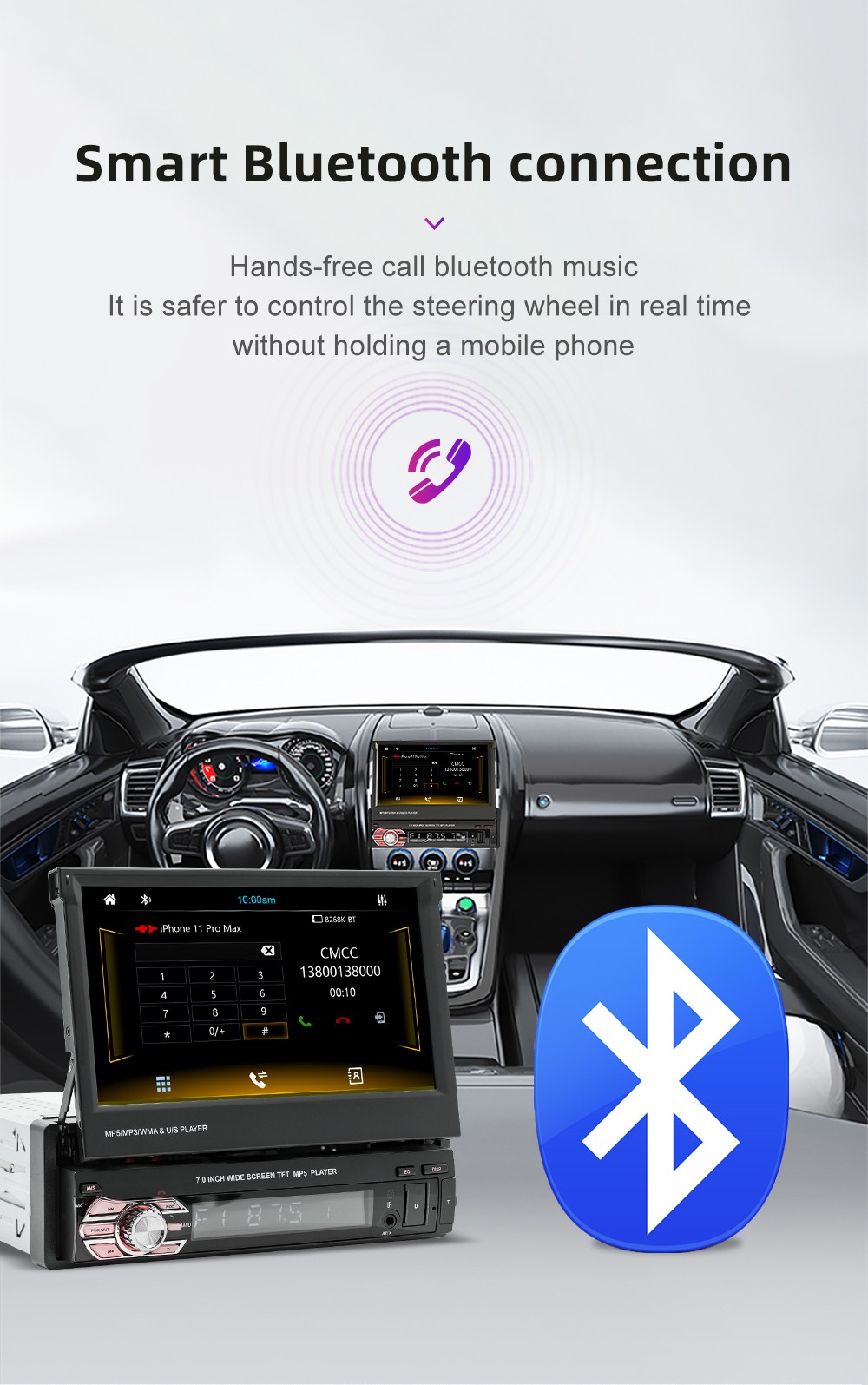 Single 1Din 7″ Touch Screen Stereo Bluetooth Radio Car Apple/Android GPS +Camera