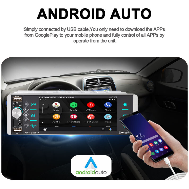 5.5″ Car Radio Stereo Andriod Auto Single1 Din BT wince Carplay IPS Touchscreen