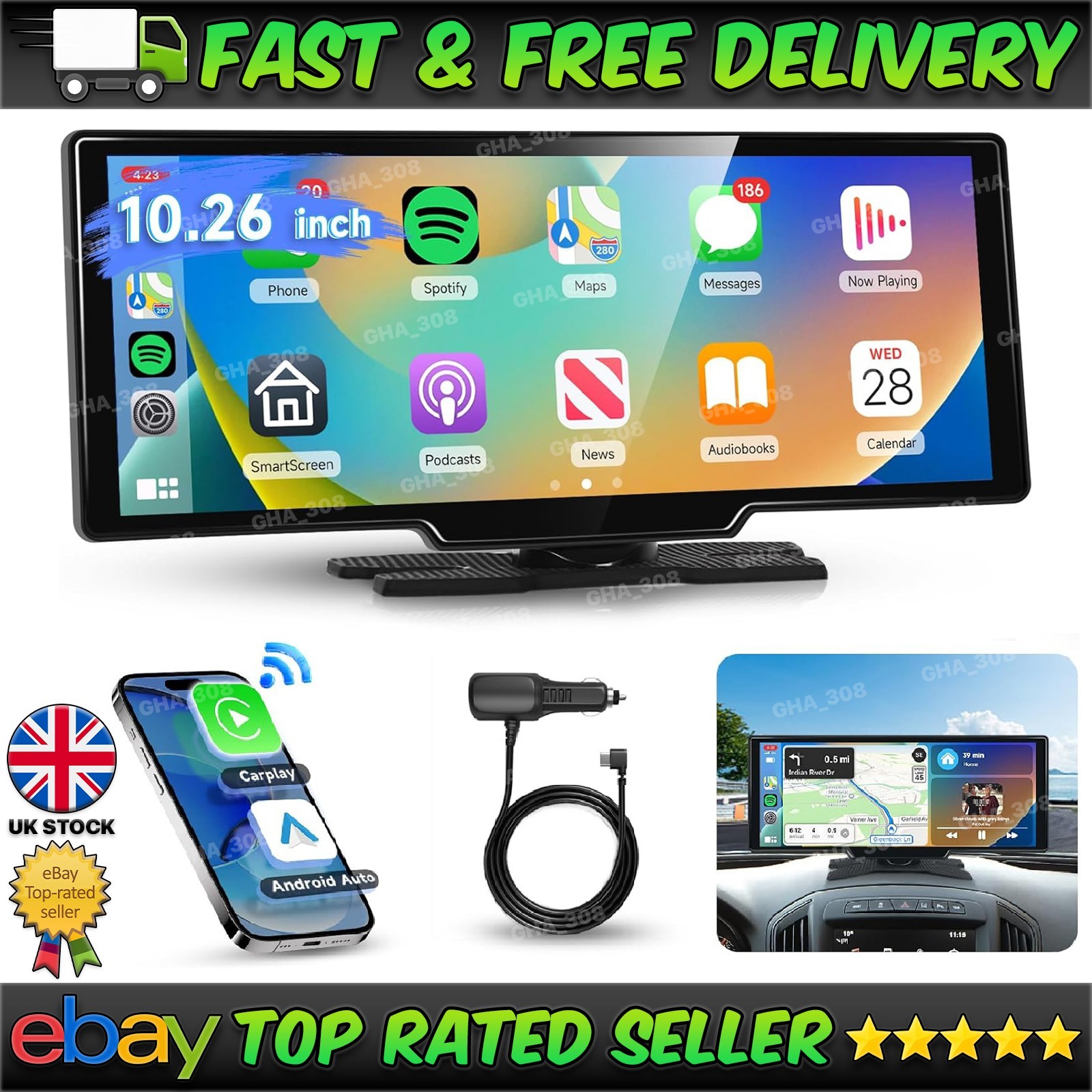10.26″ Wireless Apple CarPlay Android Auto Portable Touch Screen Monitor Car FM