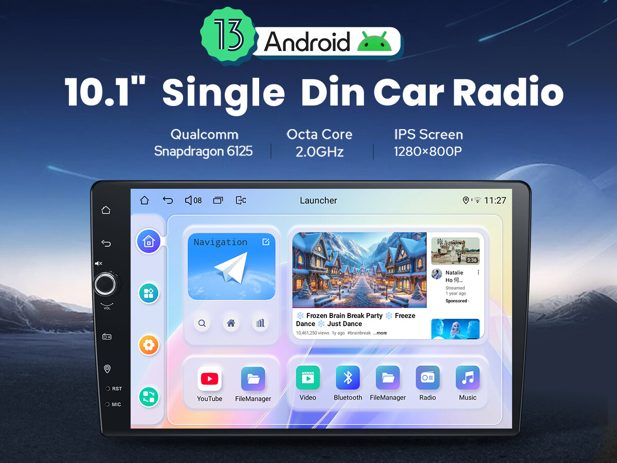 10.1″ 2.5D Curved Touchscreen Single Din Android 12 Car Radio with Qualcomm Chip