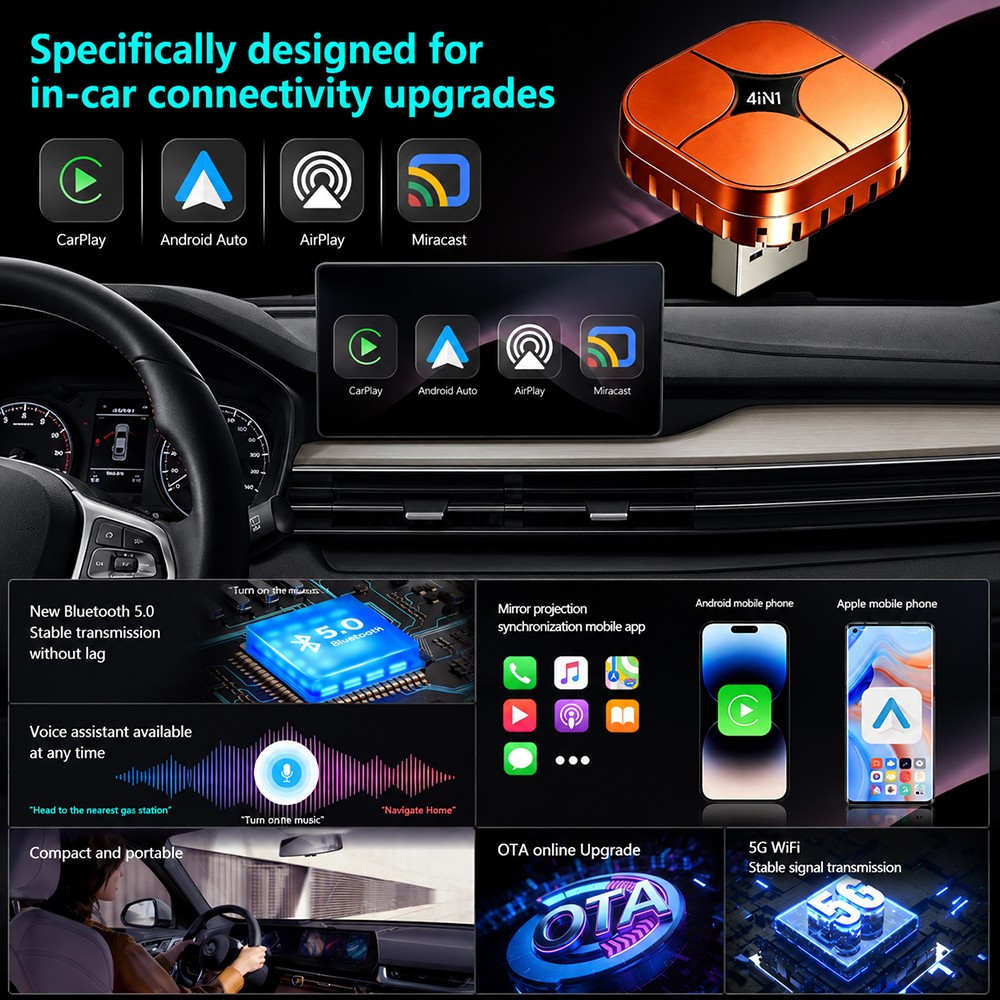 4-in-1 Screen Mirroring Wireless CarPlay Adapter Android Auto AirPlay USB Dongle