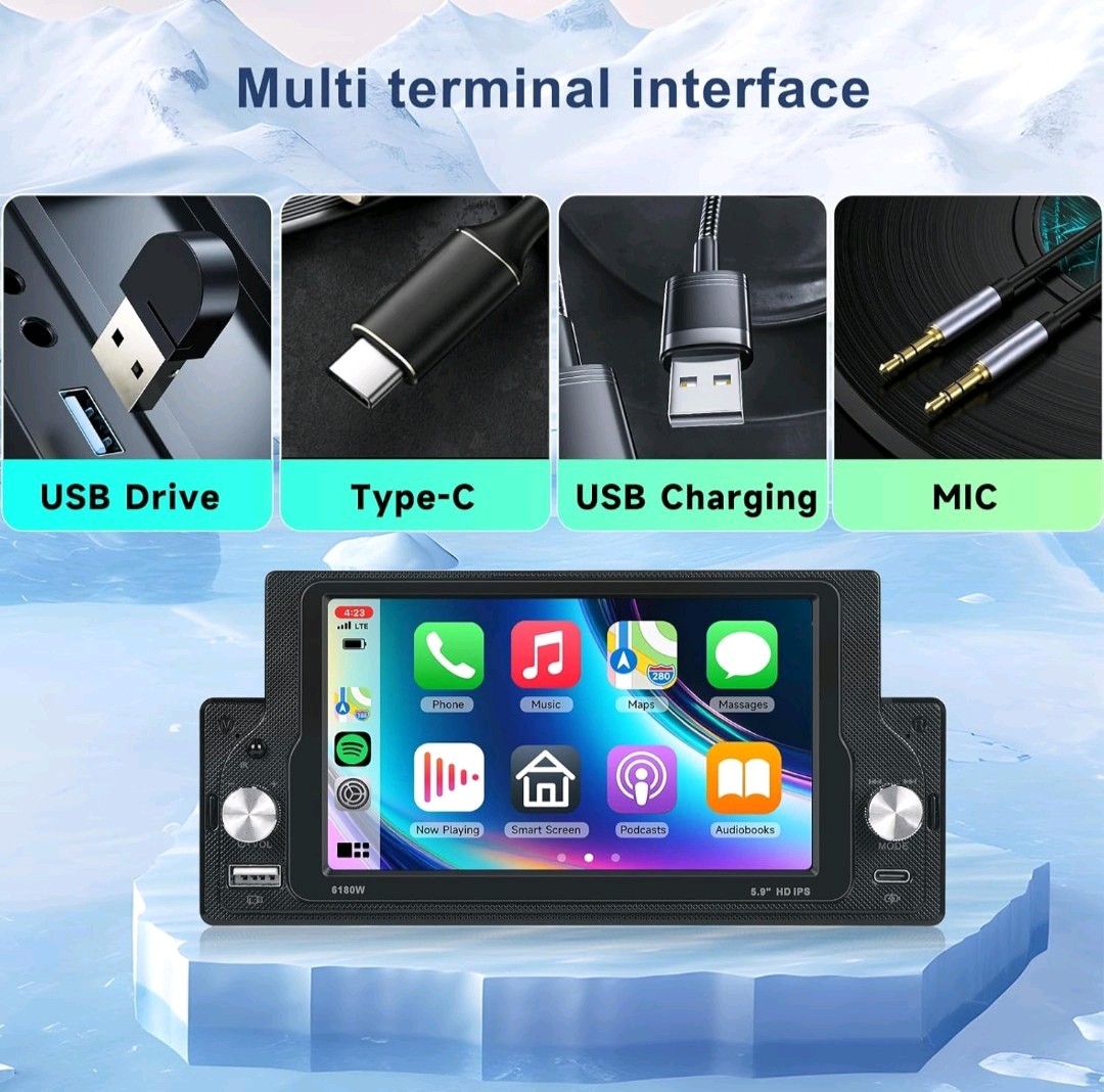 Single Din Car Stereo Wireless Carplay Android Auto 5.9 Inch IPS Touch Screen..