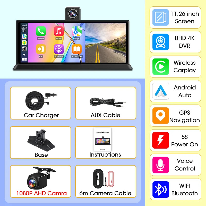 Janstie 11.26 inch Car DVR 4K Camera Rotatable Lens Recorder GPS Dashboard