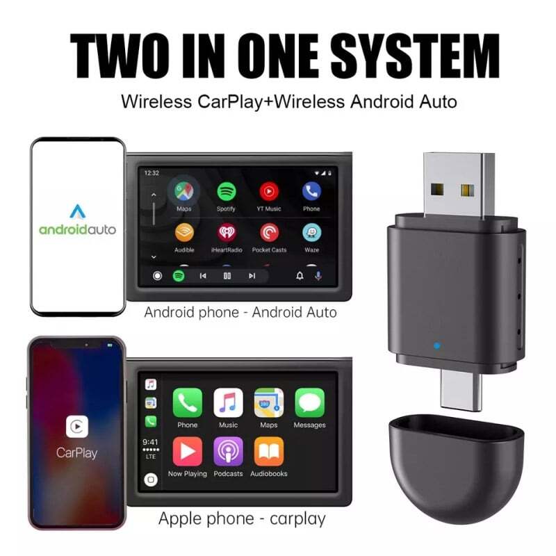 2-in-1 Wireless CarPlay Android Auto Adapter Plug & Play USB for iPhone IOS