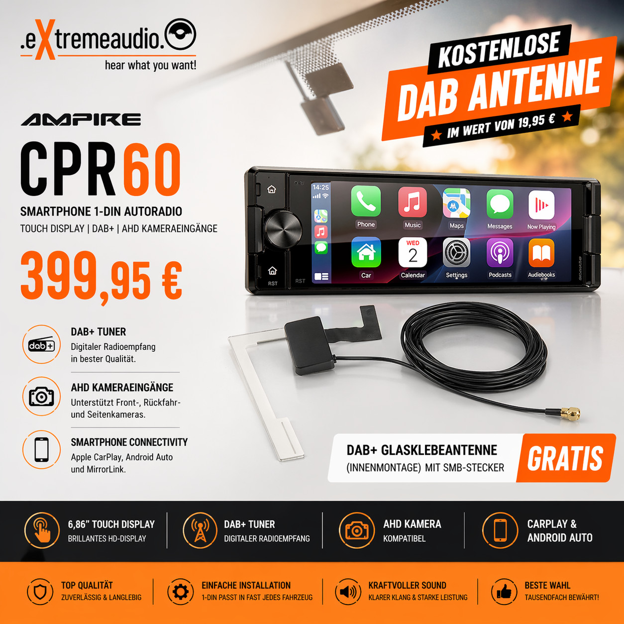 Ampire CPR60 Smartphone 1-DIN DAB+ Car Stereo AHD with Free DAB Antenna SMB