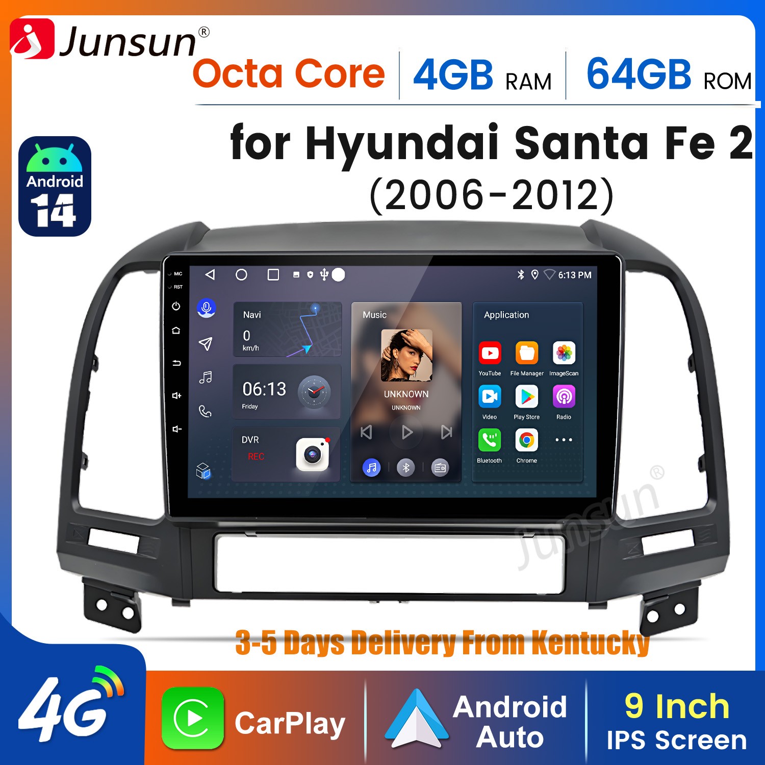 4+64G Carplay Android14 For Hyundai Santa Fe 2 2006-12 Car Stereo Radio GPS Navi